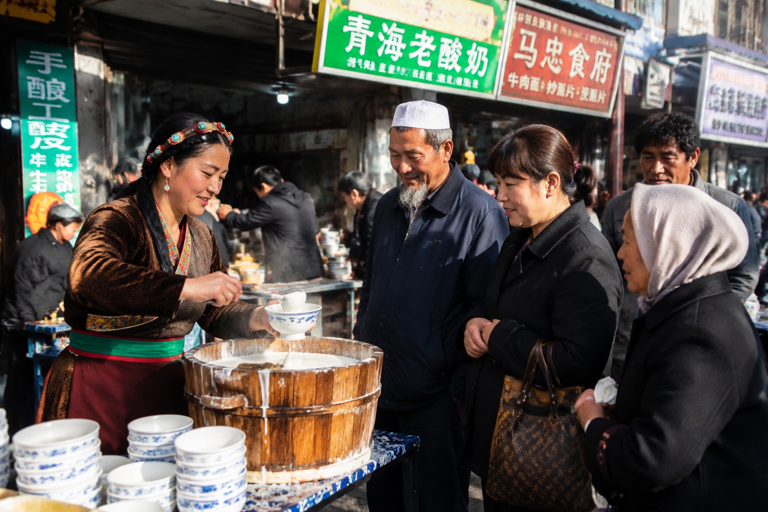 A Tibetan yogurt vendor serves yak milk yogurt to a queue of customers at a Xining morning market, with Hui and Han customers waiting.