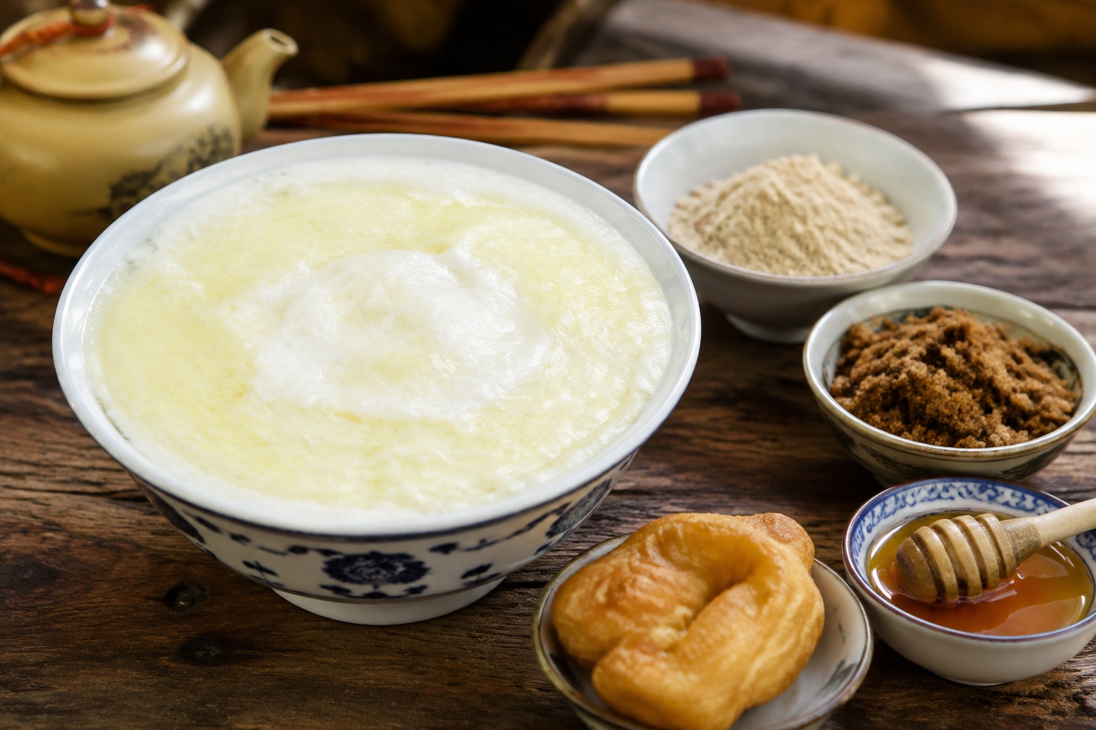 Bowl of traditional Tibetan yogurt with cream layer, served with tsampa, sugar, honey, and a piece of fried dough in a Xining breakfast stall.