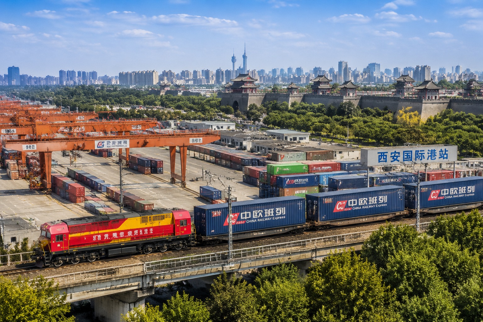A close-up view of a freight train loaded with containers at a logistics hub in Xi'an, with the ancient city wall visible in the background.