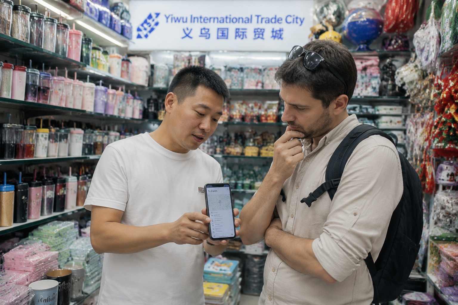 A trader in Yiwu market using a smartphone to track a shipment on the China-Europe Railway Express while talking to a buyer.