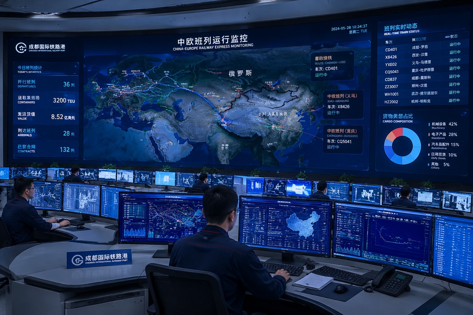 Control room of a China-Europe freight rail network, with dispatchers tracking container shipments on a digital map.