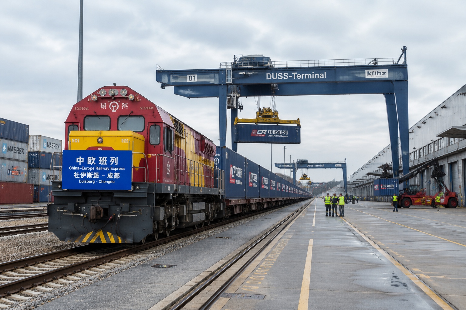 An arriving China-Europe Railway Express train at a logistics terminal in Duisburg, Germany, with cranes and warehouses behind it.