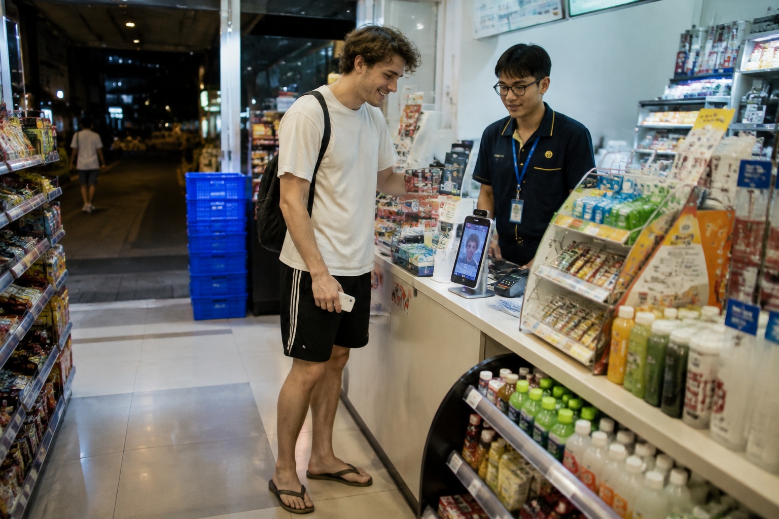 Foreign traveler in Guangzhou using facial recognition payment at a 24-hour convenience store to buy snacks at night