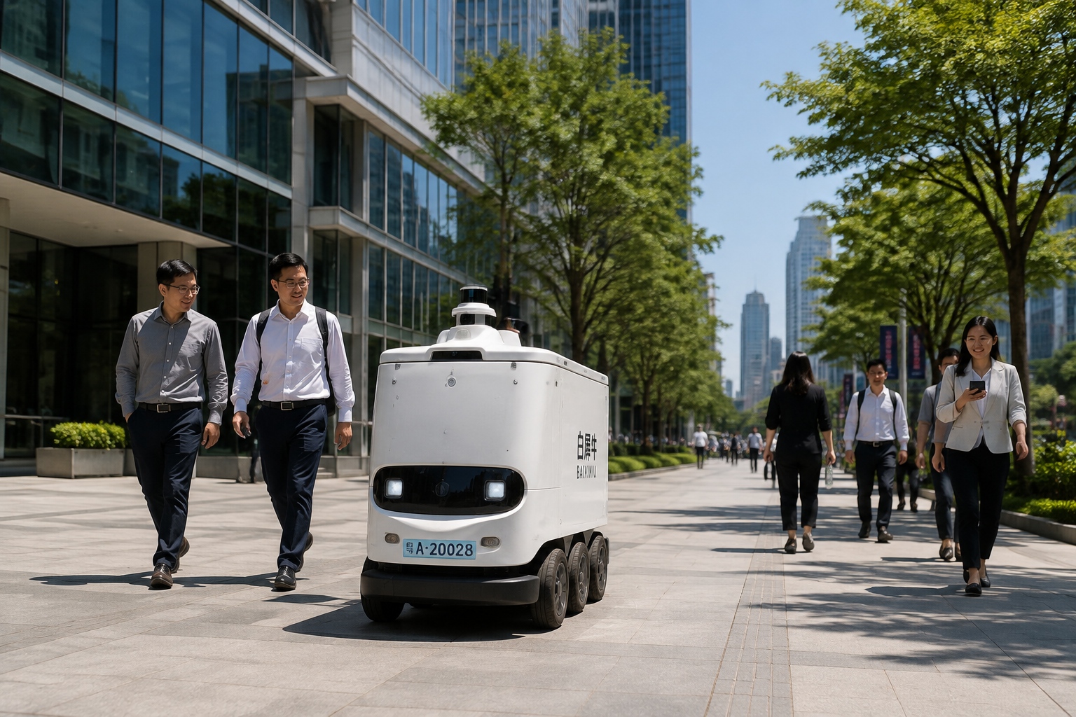 Autonomous delivery robot on a sidewalk in Guangzhou CBD with office workers around