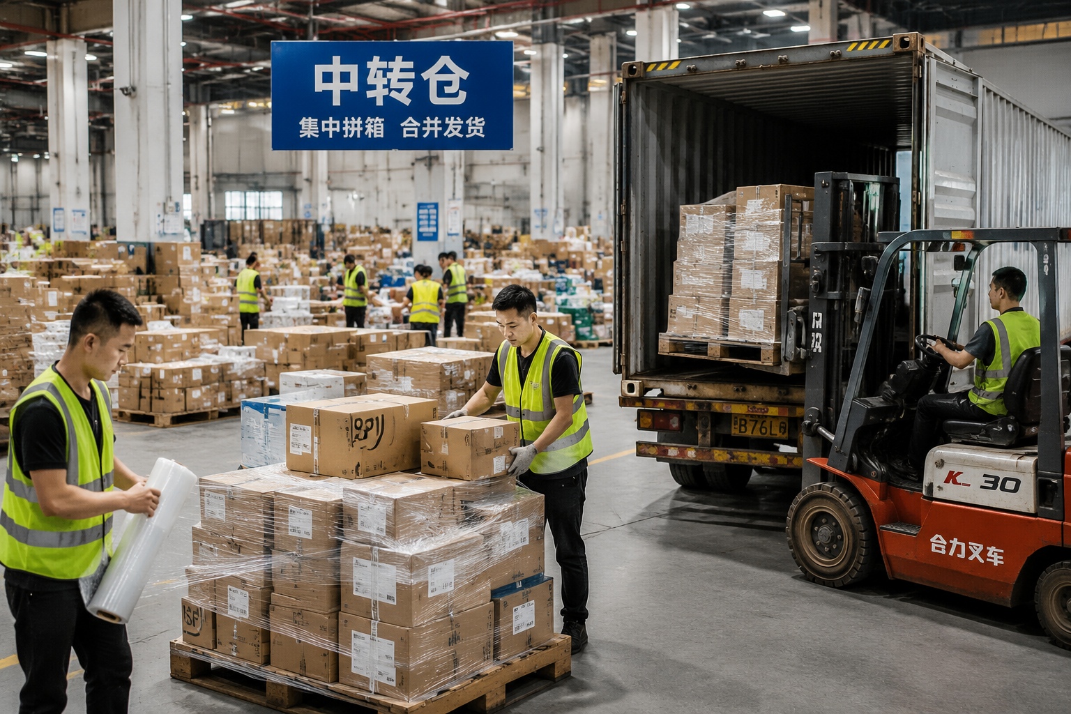 Workers consolidating small export orders into a shared container at a China-Europe rail freight consolidation warehouse