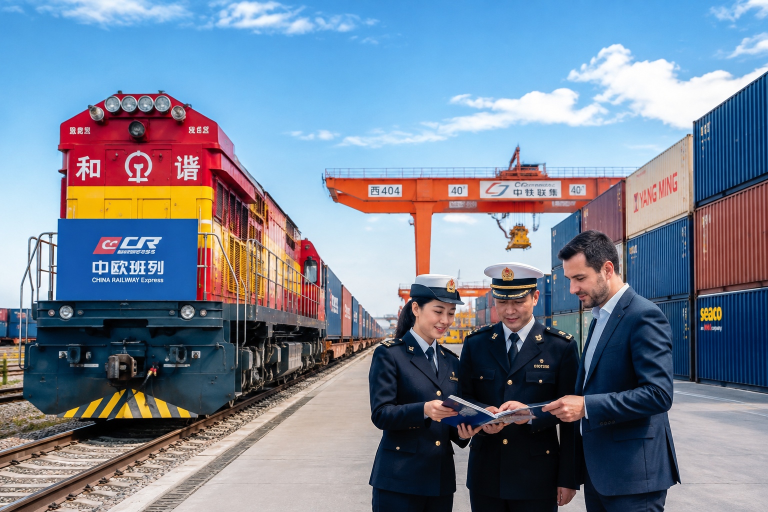 China-Europe freight train at a border hub with customs officers inspecting containers for LCL rail shipments