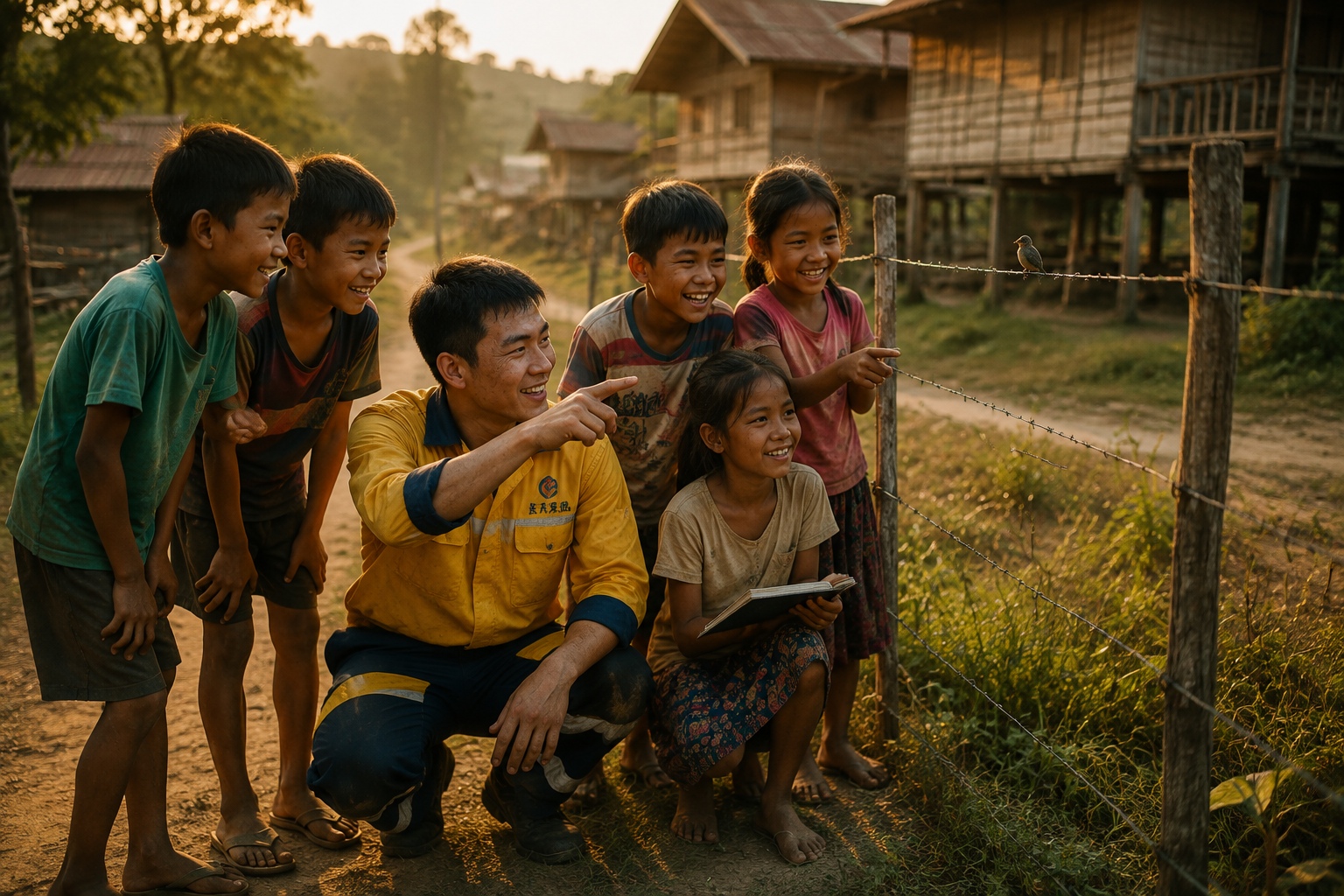 Chinese railway worker showing a bird to laughing Lao village children in Luang Namtha
