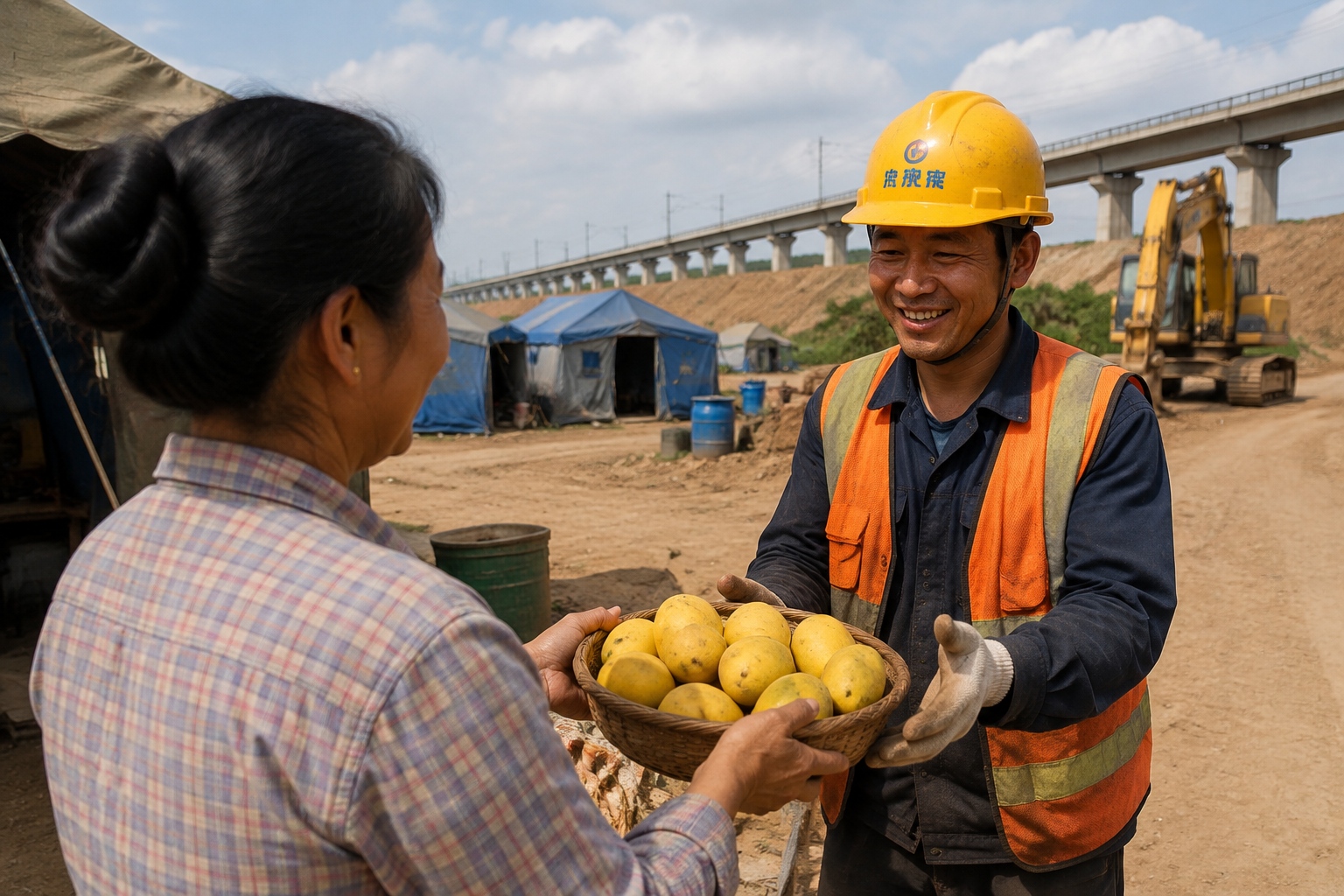 Lao villager giving mangoes to a Chinese worker at a China-Laos Railway construction camp