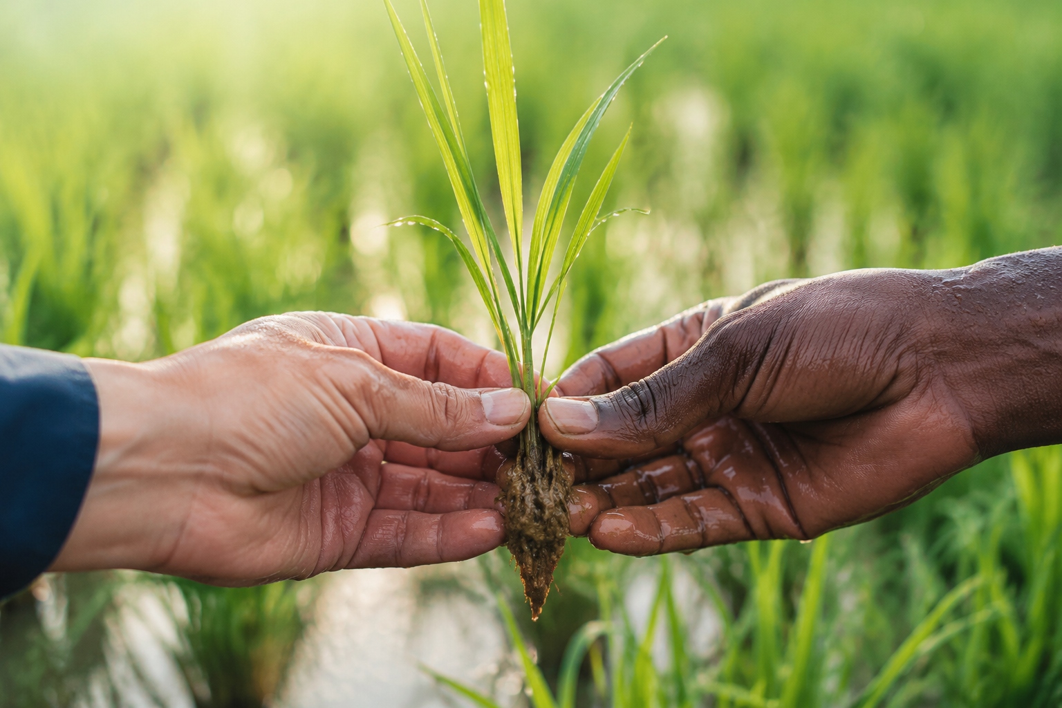 Chinese and African farmer hands holding a hybrid rice seedling in a Madagascar paddy field