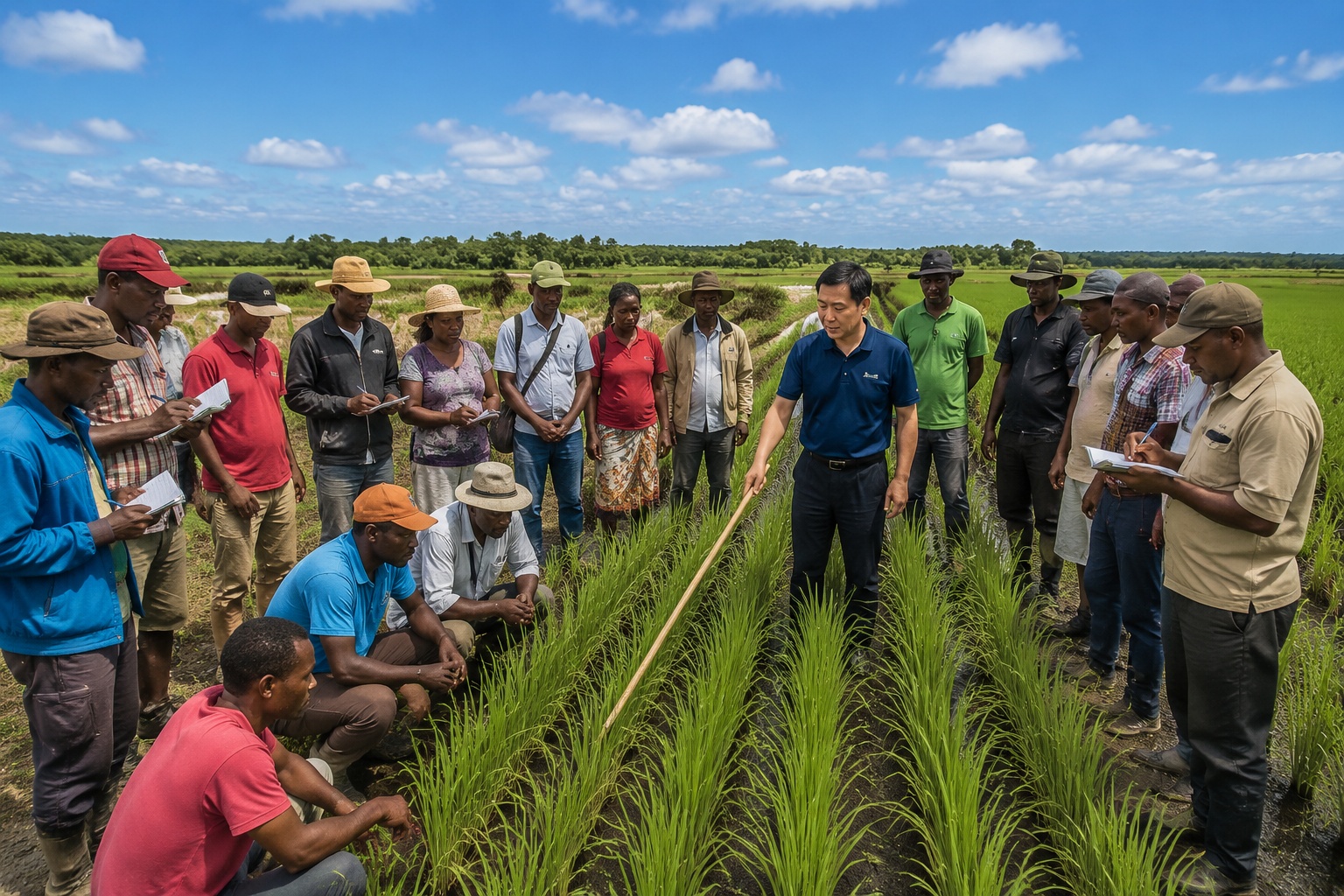 Chinese agricultural technician explaining hybrid rice planting methods to farmers in a Madagascar demonstration field