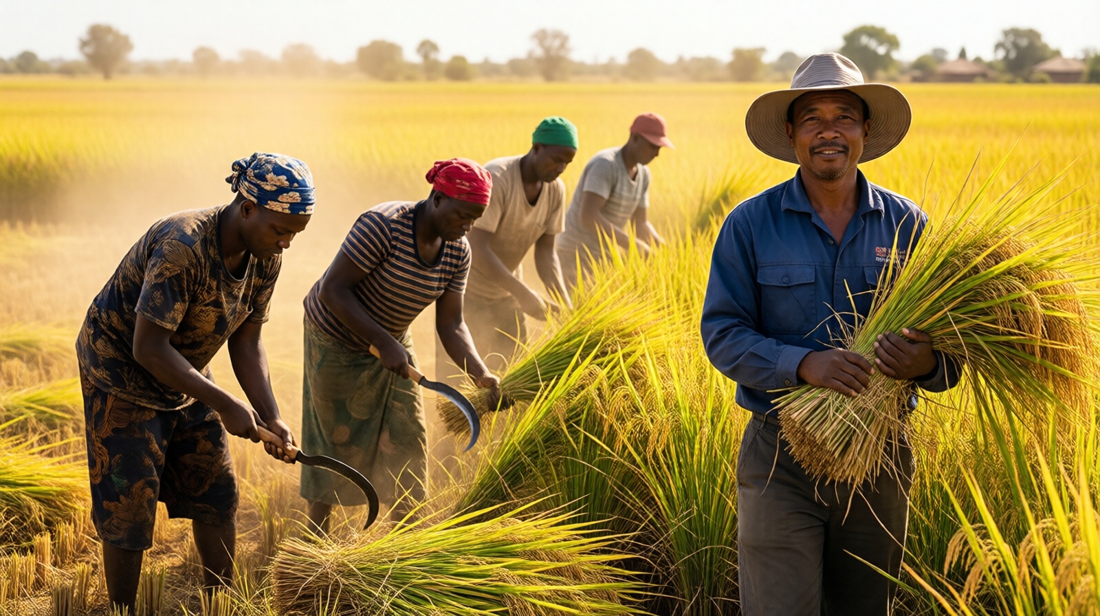 Madagascar farmers harvesting hybrid rice with a Chinese technician carrying a bundle