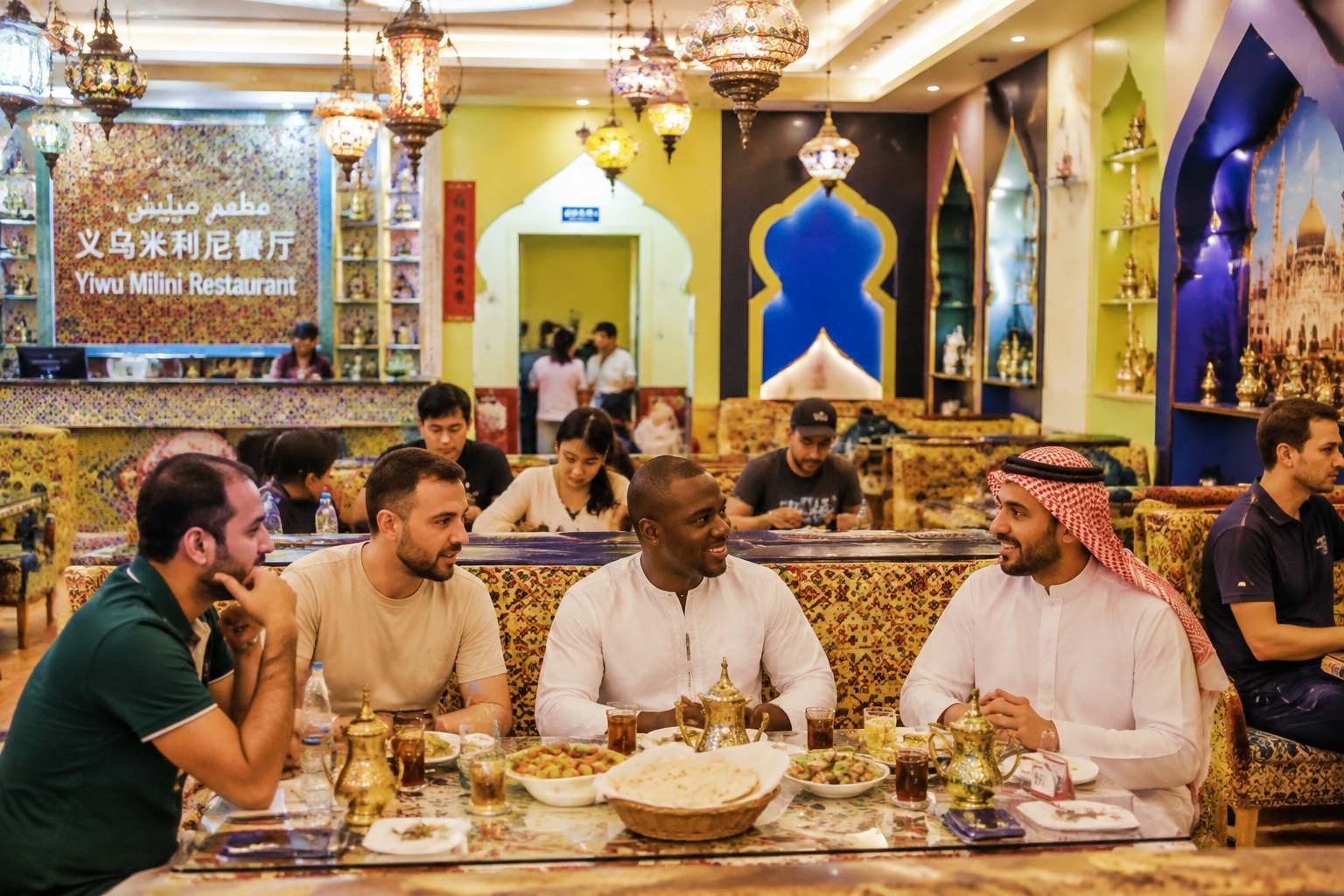 Foreign residents socializing at a restaurant in Yiwu