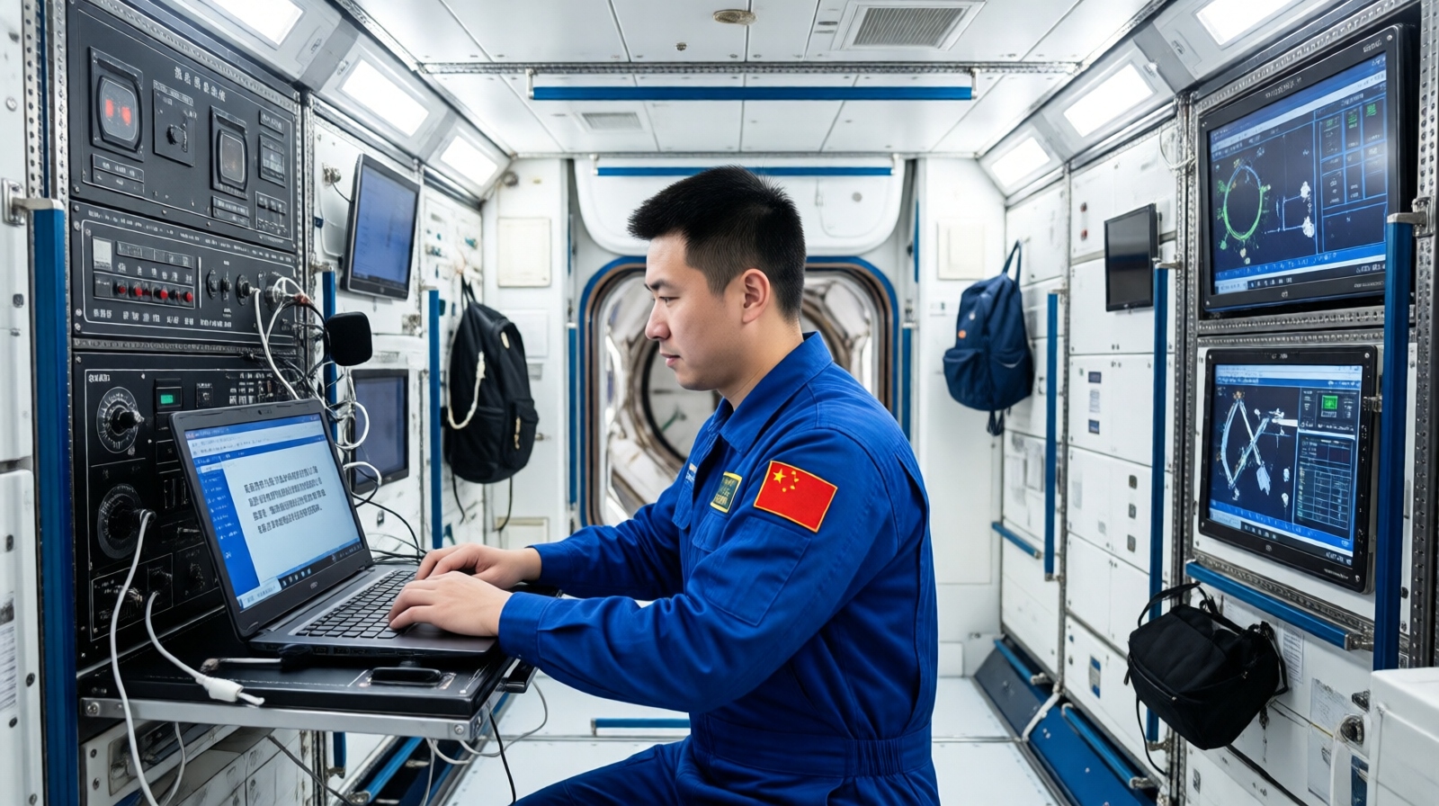 Chinese astronaut working at a laptop inside the Tiangong space station core module, with floating items and Chinese-labeled equipment