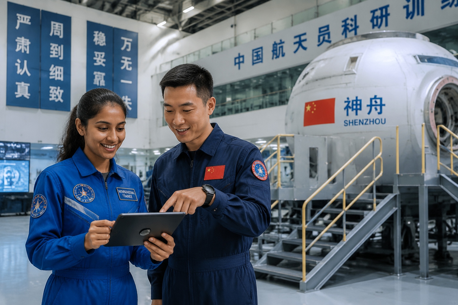 International astronaut and Chinese instructor reviewing training materials near a Shenzhou spacecraft mockup, highlighting joint crew preparation