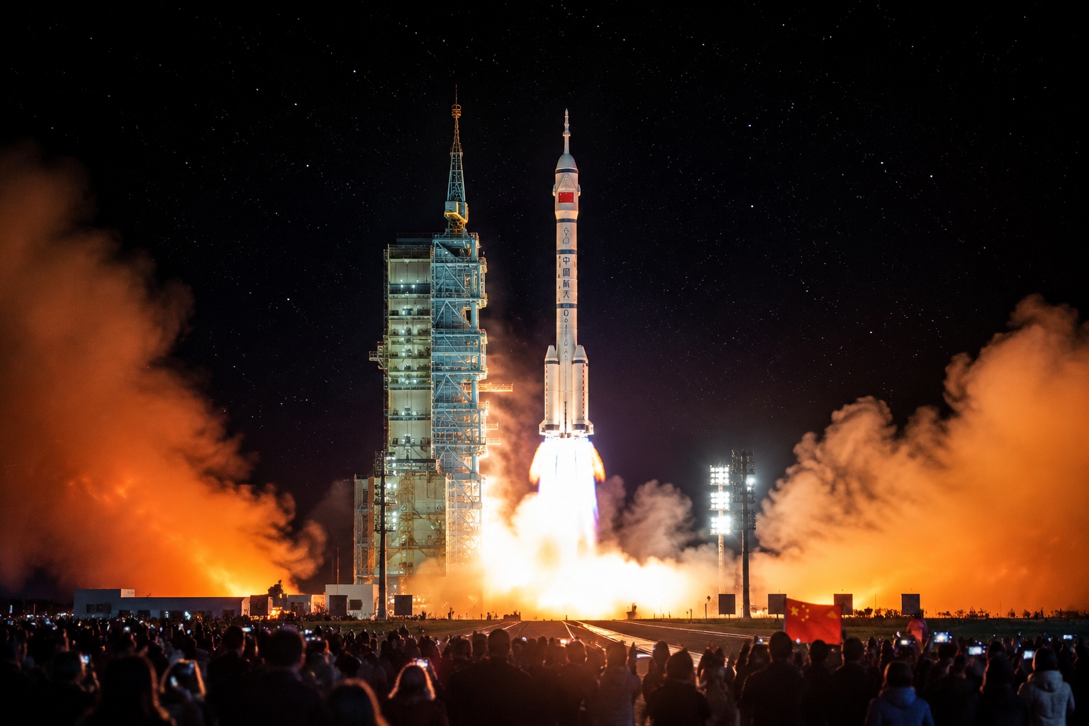 A Long March 2F rocket carrying a Shenzhou spacecraft launches into the night sky from the Jiuquan Satellite Launch Center in China