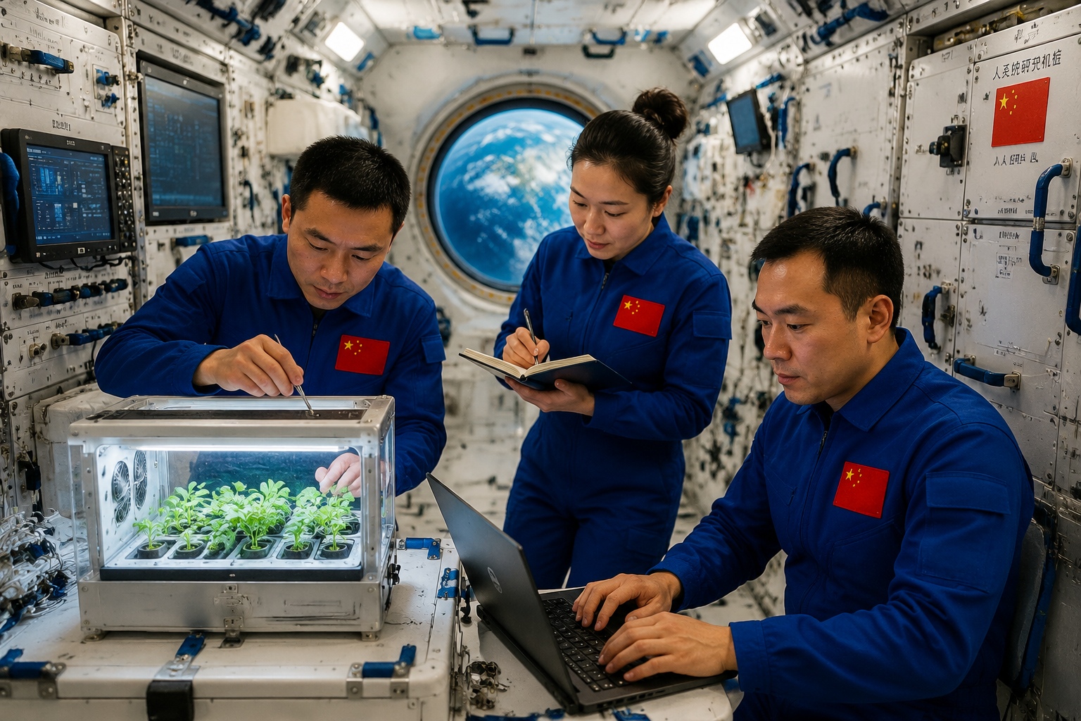 Chinese astronauts in the Tianhe module of the Tiangong space station conducting a plant growth experiment with a porthole showing Earth