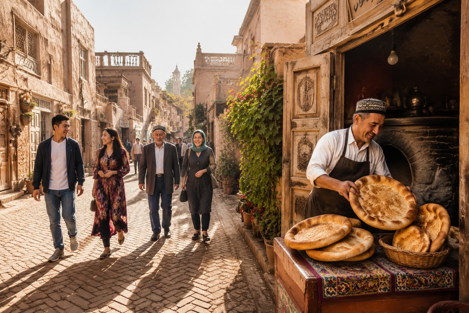 Morning street scene in Kashgar Old City with mud-brick houses and a vendor opening his stall