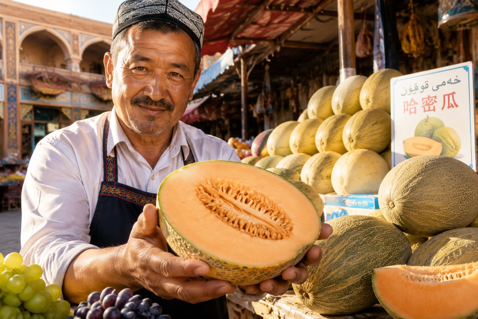 Uyghur fruit vendor in Kashgar bazaar showing a freshly cut Hami melon