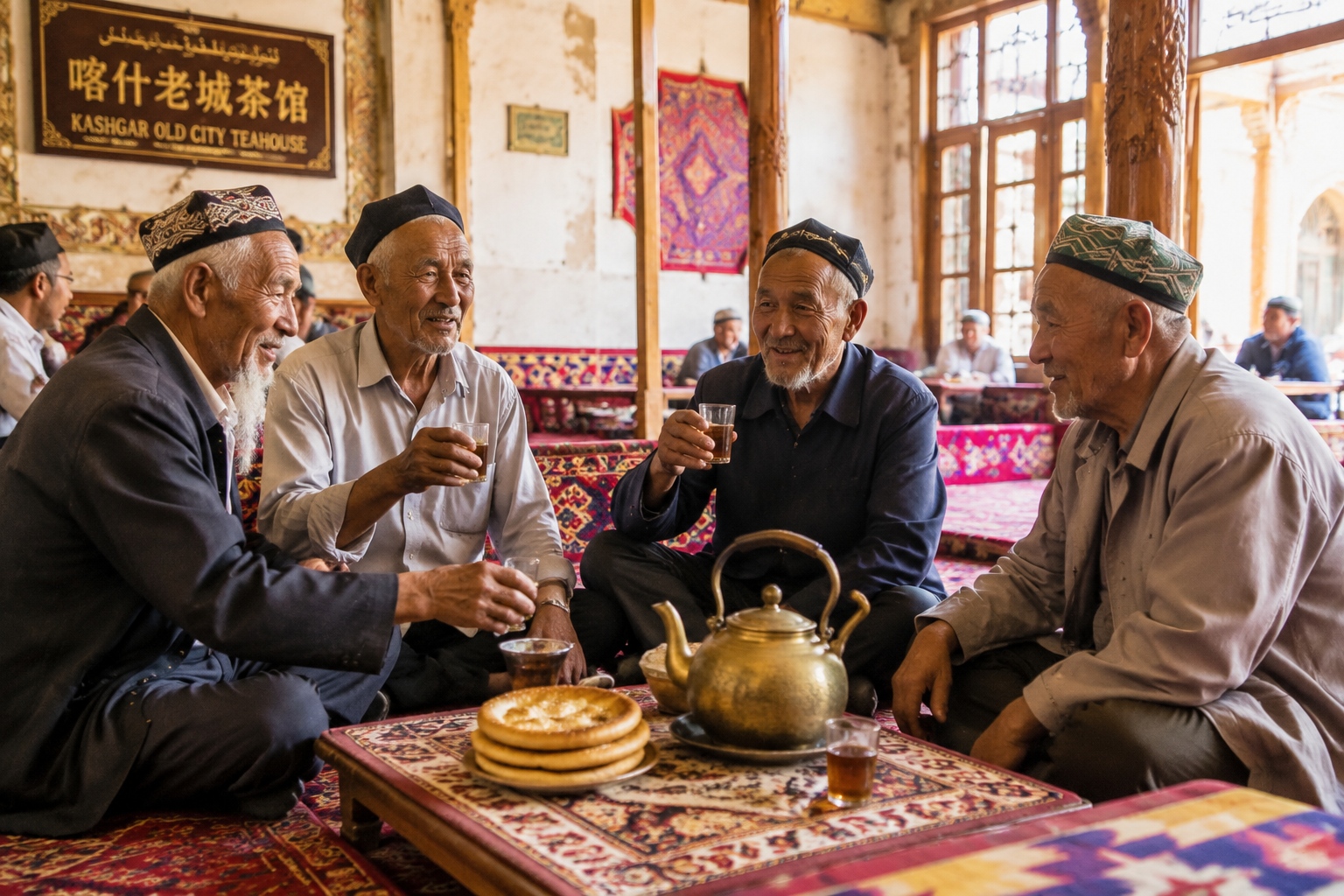 Uyghur elders drinking tea in a traditional Kashgar teahouse