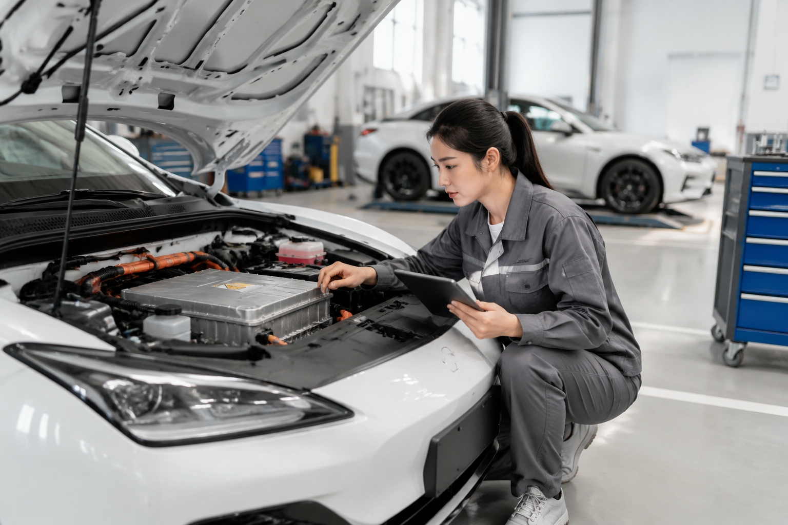 Chinese female engineer checking battery diagnostics on a sedan in an EV workshop