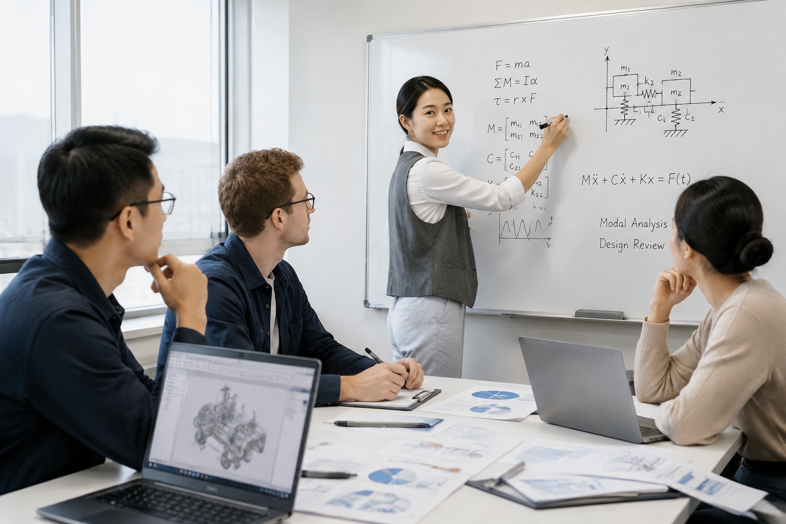 Chinese EV engineers discussing a charging software issue around a whiteboard