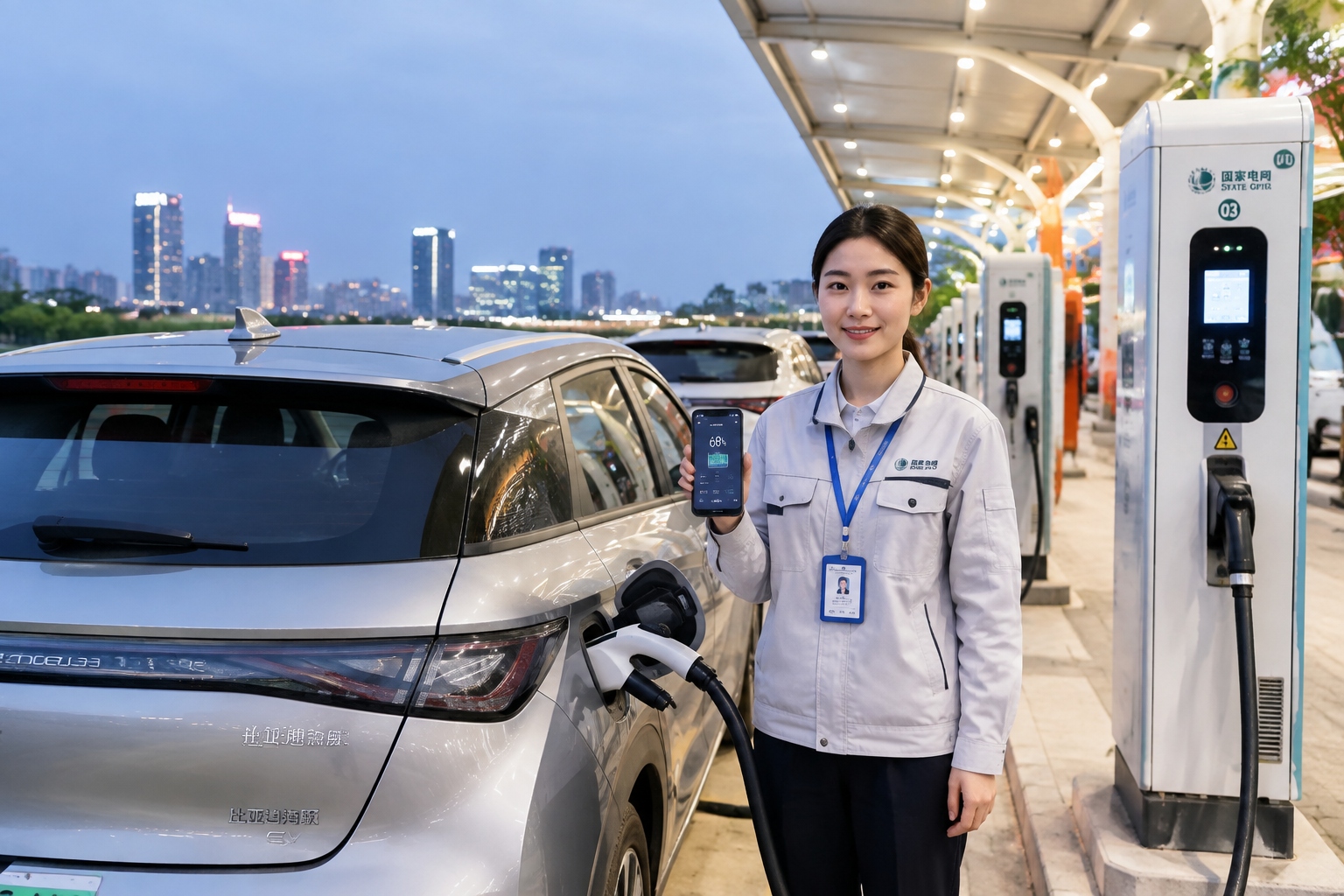 Female engineer charging her electric car at a busy EV charging station in China