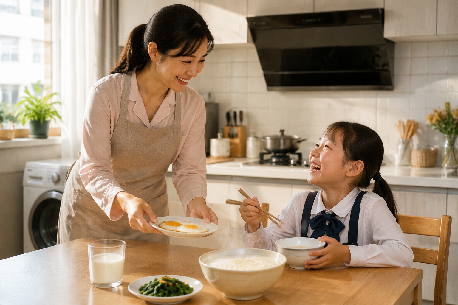 A Chinese mother and daughter having a breakfast of fried eggs and rice porridge at home in Dongguan before school