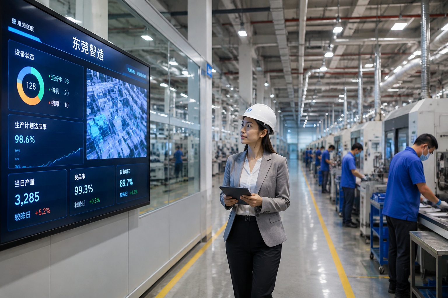 A female Chinese factory director in a white hard hat checking production data on a digital dashboard in an automotive components factory
