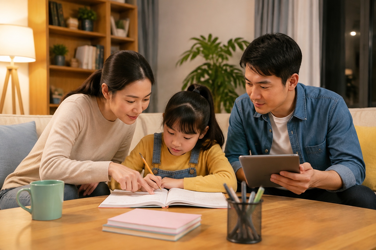 Chinese businesswoman helping her daughter with homework while her husband works remotely in the family living room