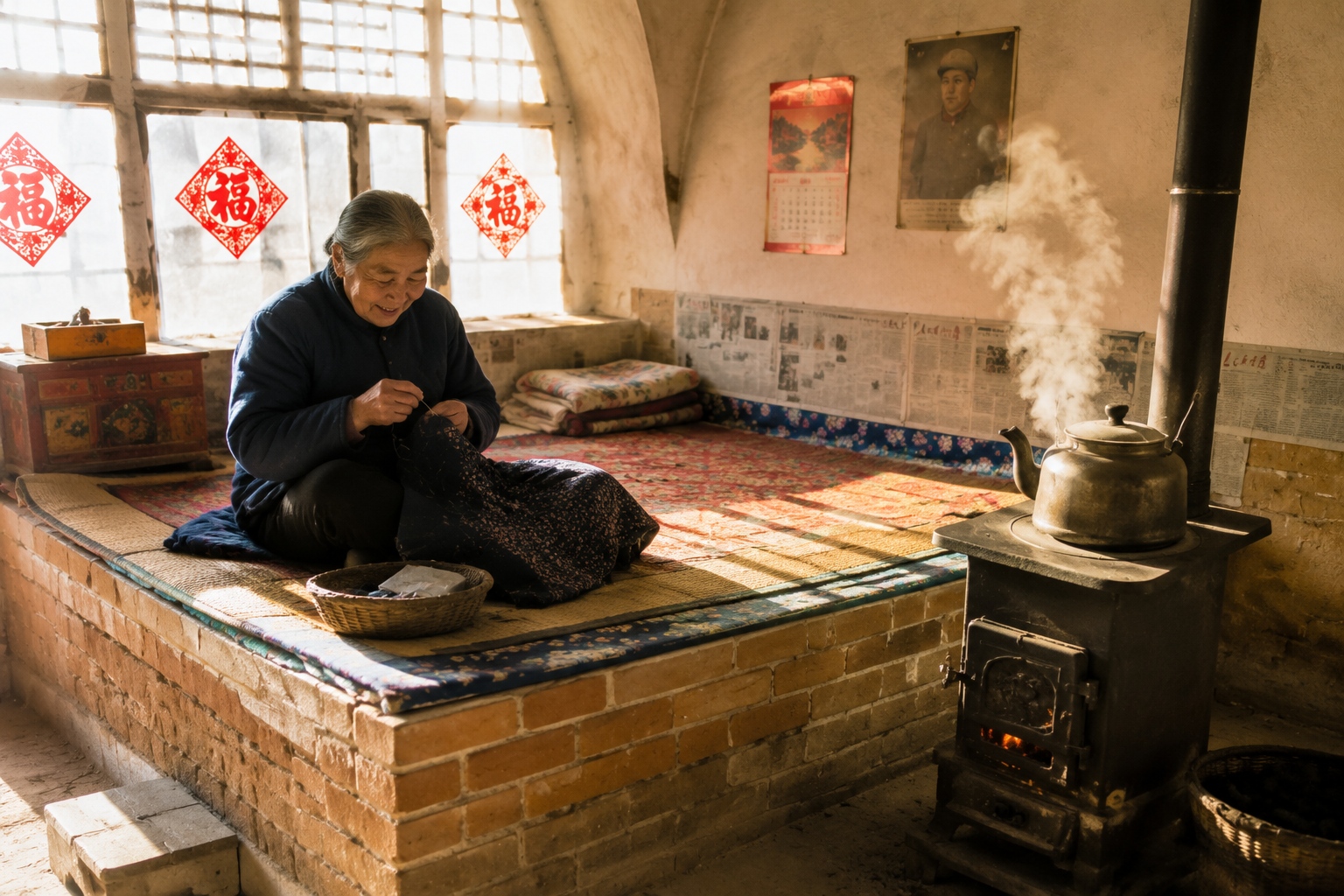 Elderly woman sitting on a traditional heated brick kang in a rural Shaanxi cave home, sewing by hand in the 1980s.
