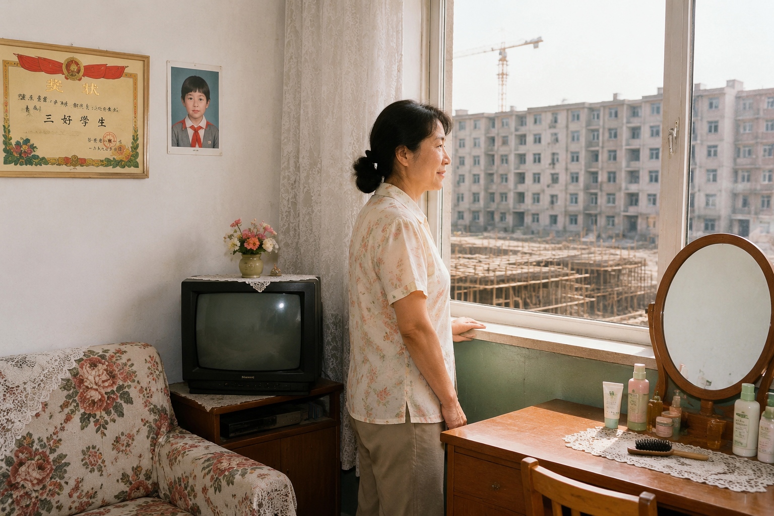 Mother in a 1990s Chinese apartment standing by the window, with simple furniture and a view of city residential buildings.