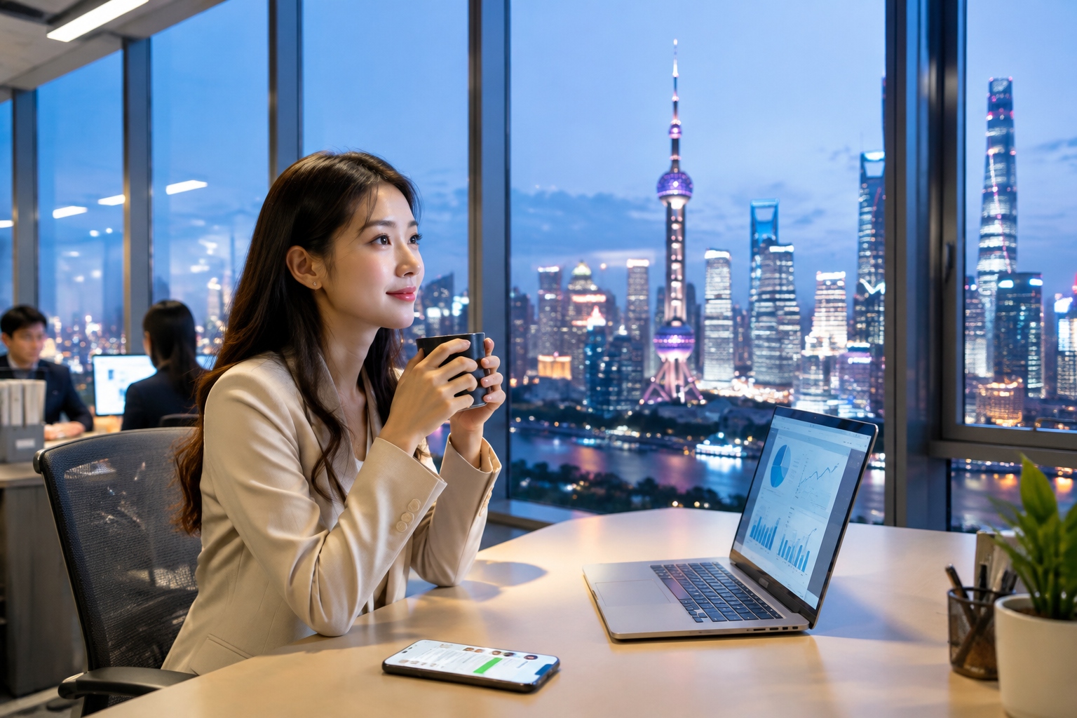 Young Chinese woman working in a glass office tower in Shanghai, holding a coffee cup and looking out at the city at dusk.