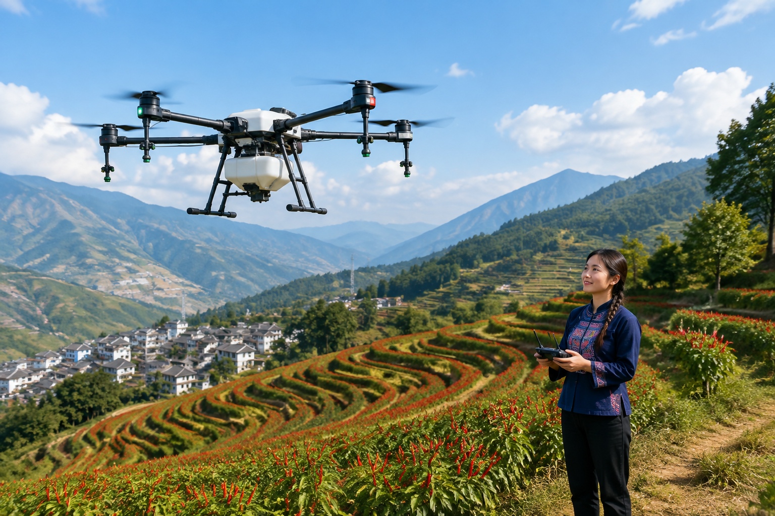 Drone flying over chili pepper terraces in rural Yunnan