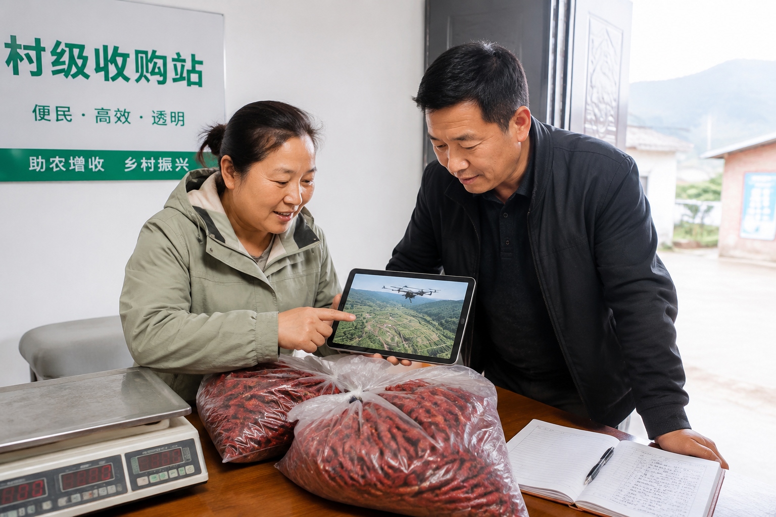 Female village official negotiating chili price with a buyer
