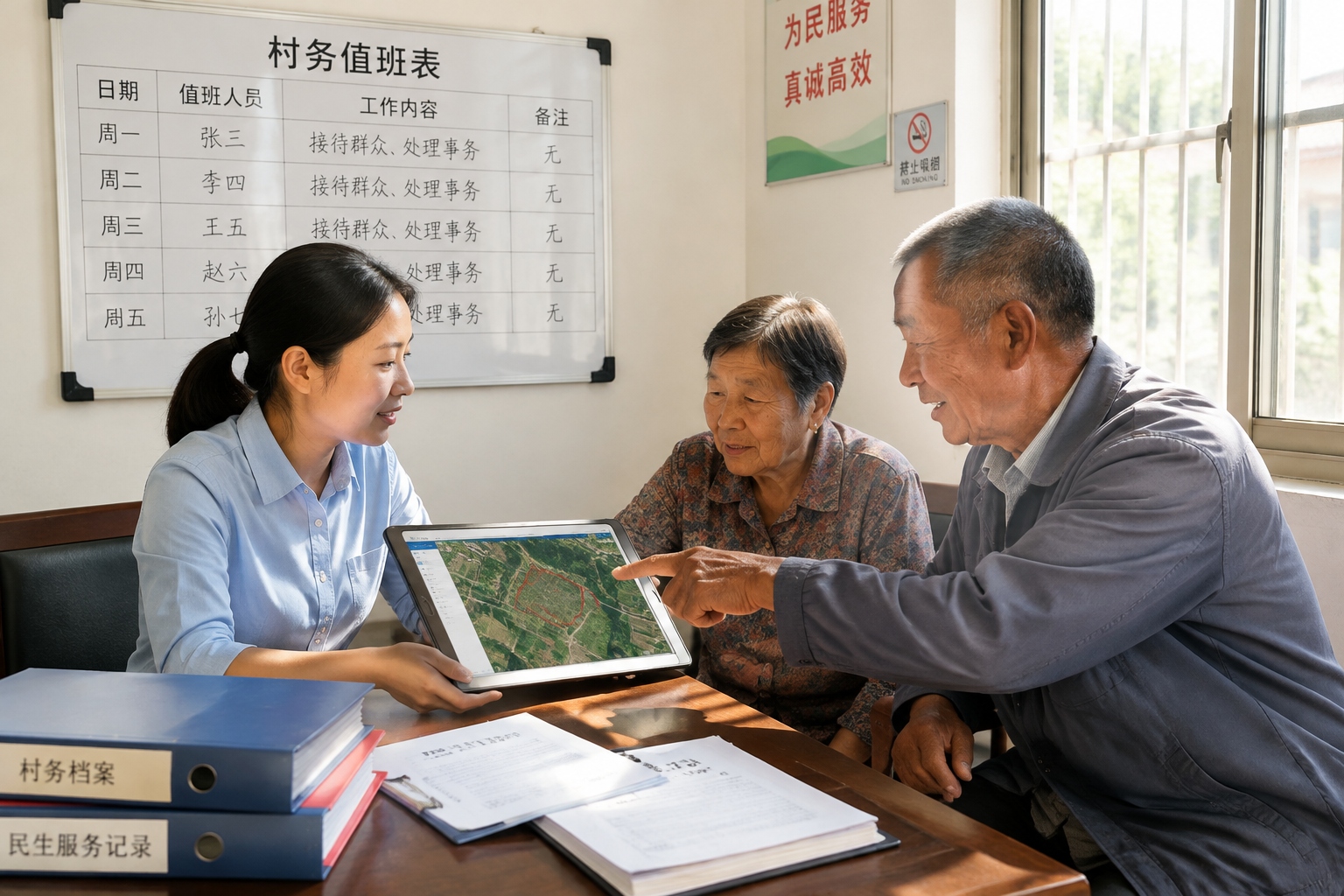 Village official mediating land dispute with satellite image on tablet