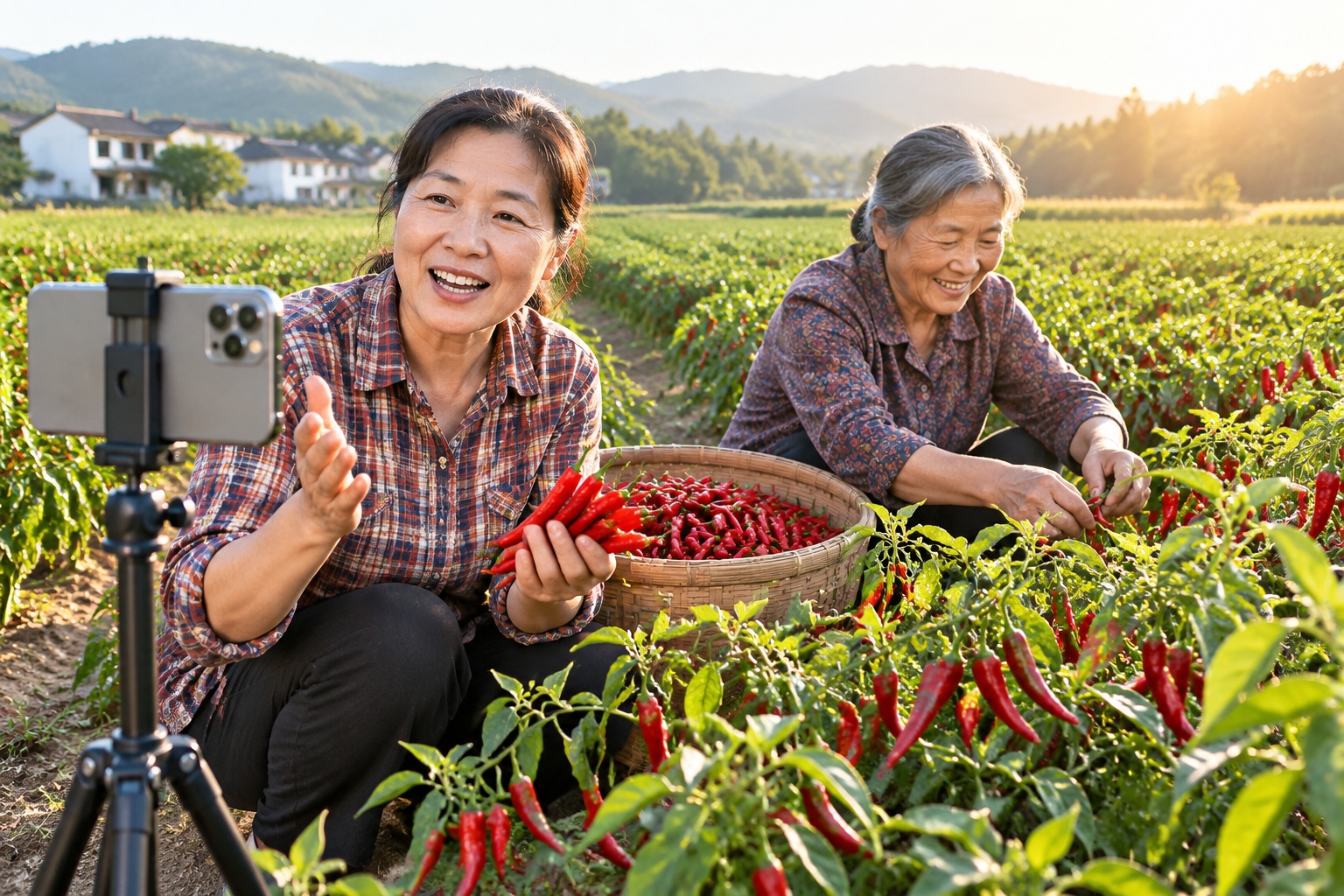 Livestreaming chili harvest in a rural Chinese field