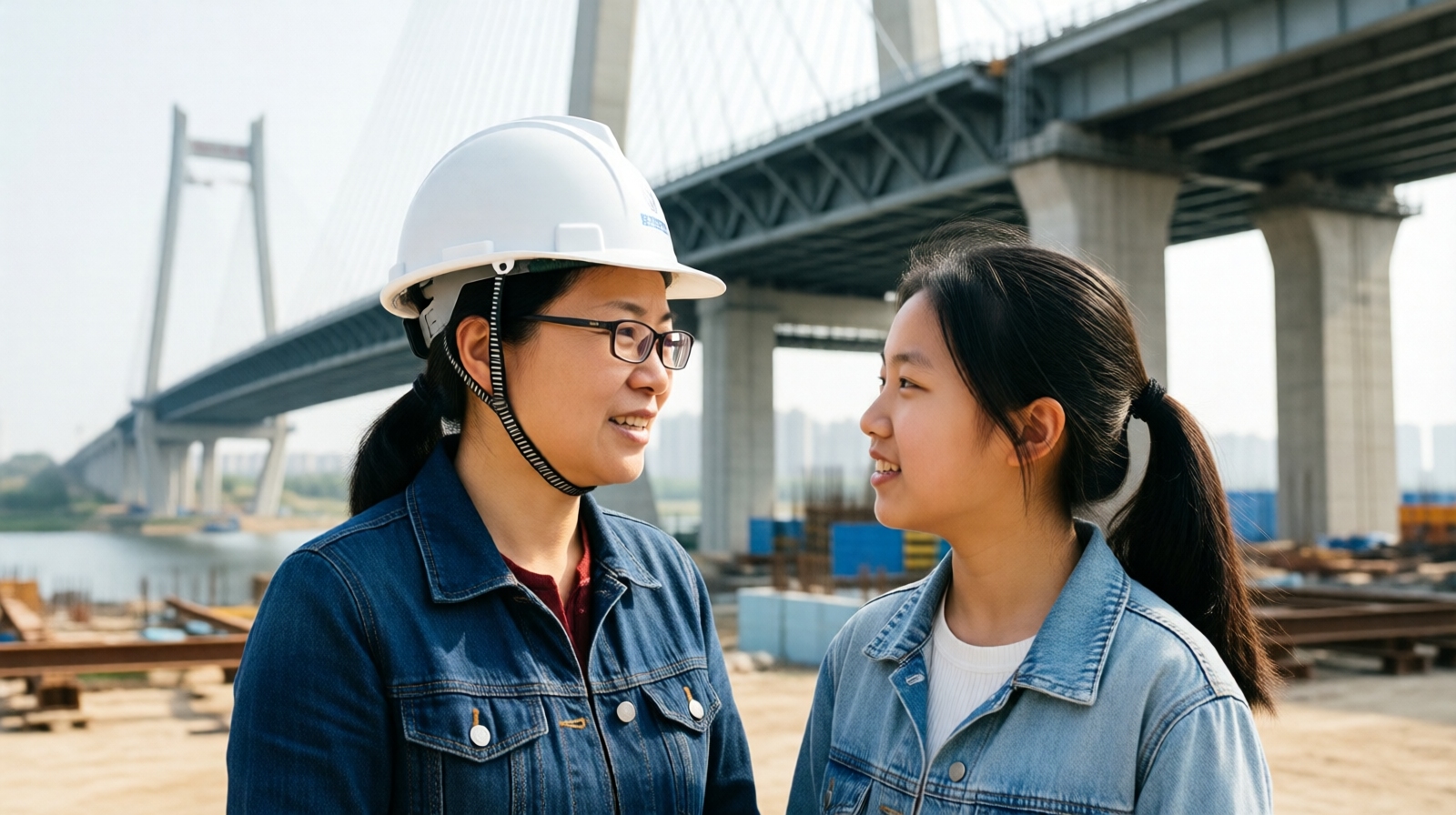 Chinese female bridge engineer with her daughter at a bridge construction site