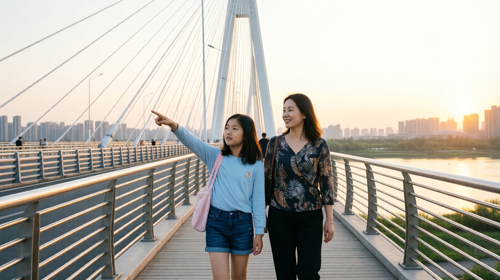 Mother and daughter walking together across the Qingzhou Bridge at sunset