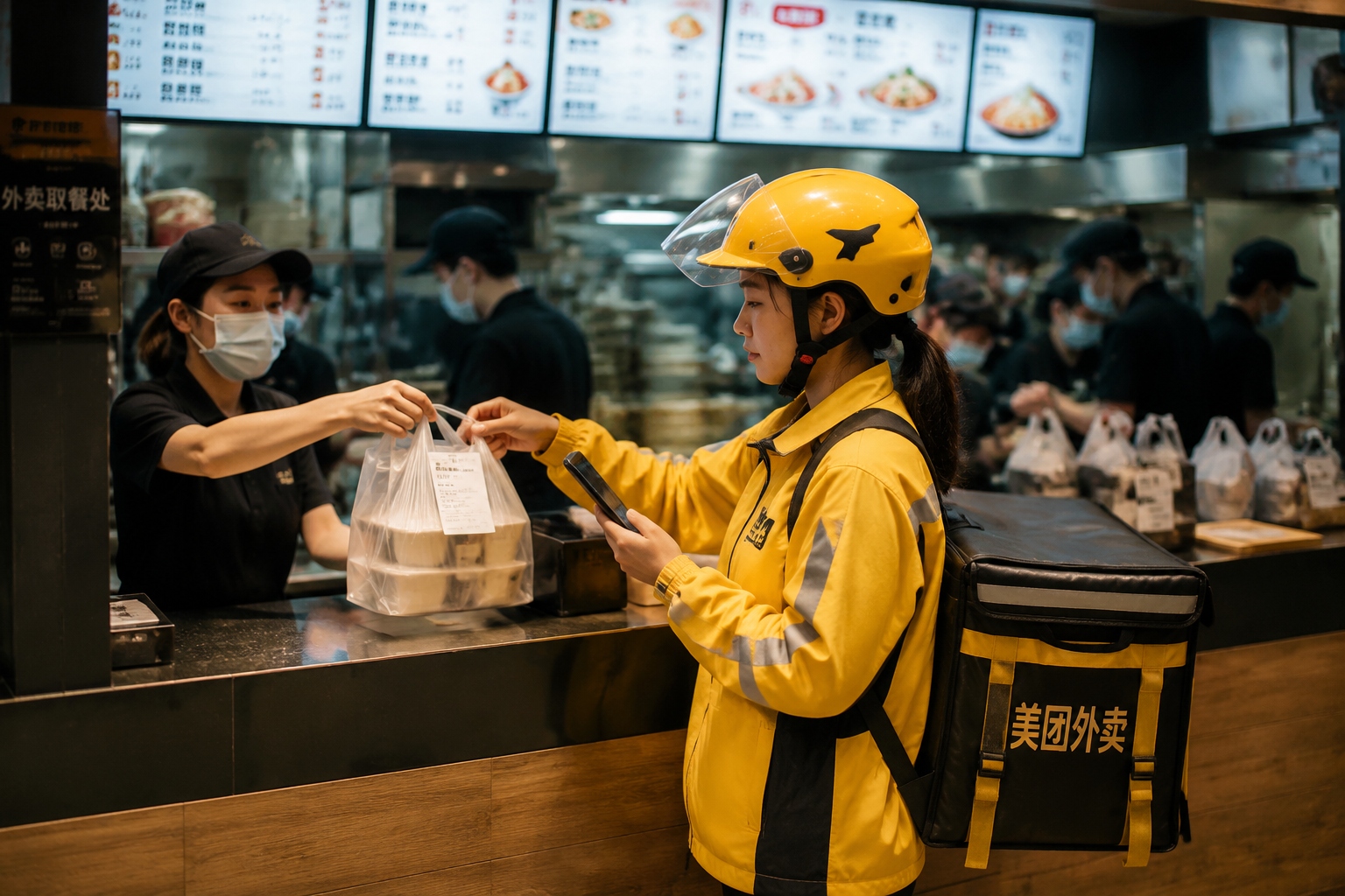 A female food delivery rider picks up a takeout order at a busy restaurant, checking her phone for the next delivery address