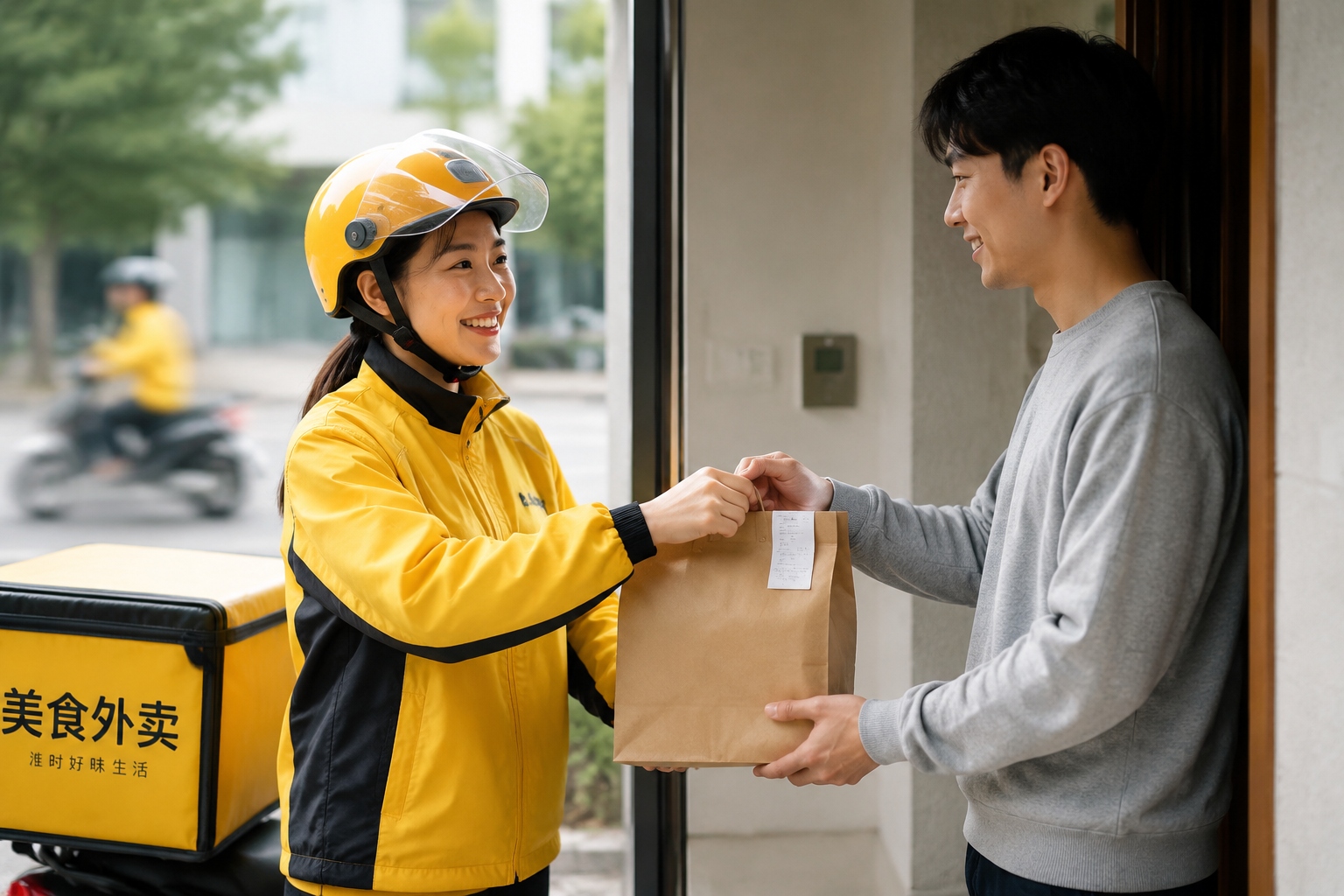 A smiling woman delivery rider hands a hot meal to a customer at his apartment door in China