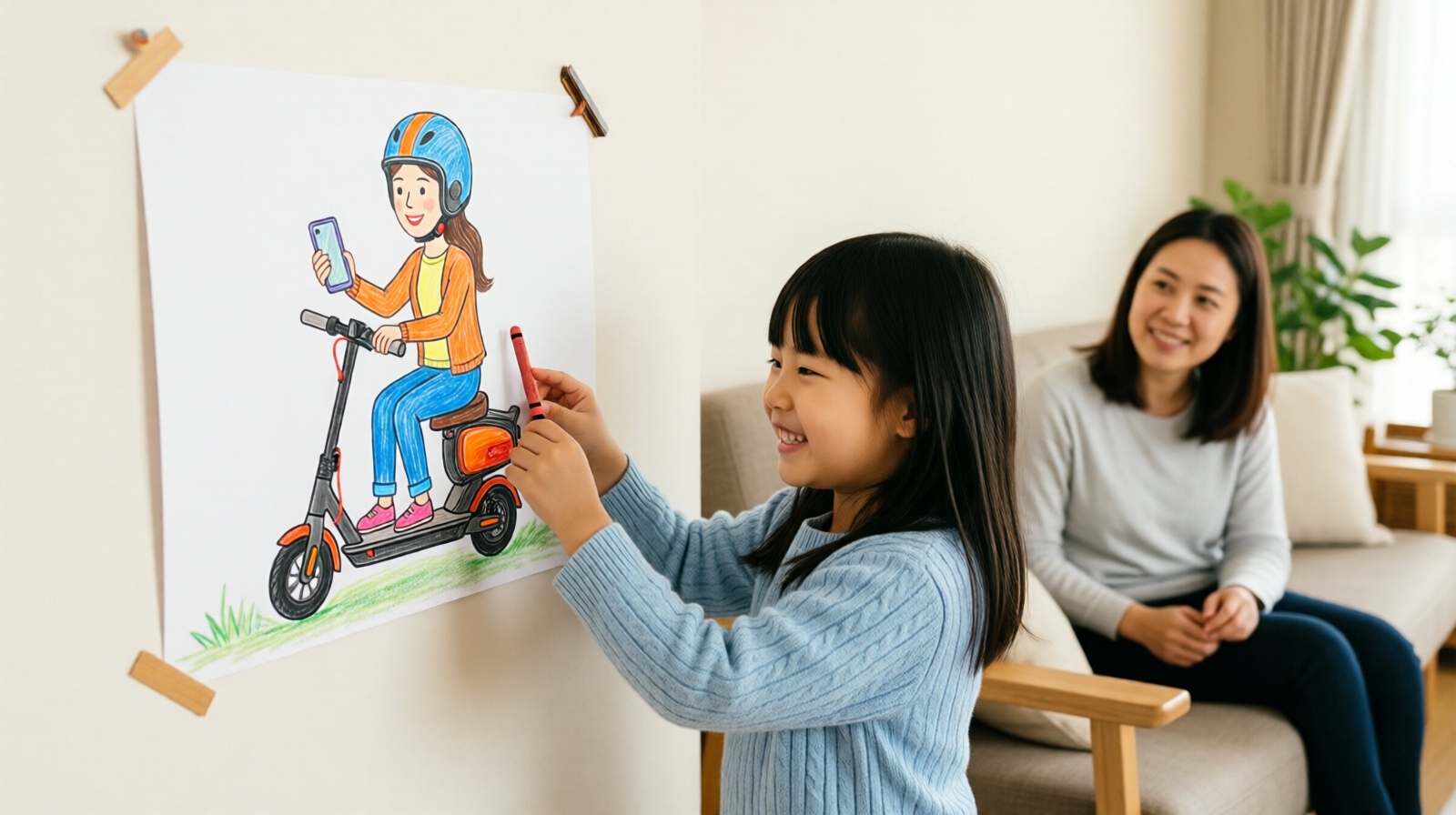 A daughter shows her drawing of her mother as a magician delivery rider on an electric scooter at home