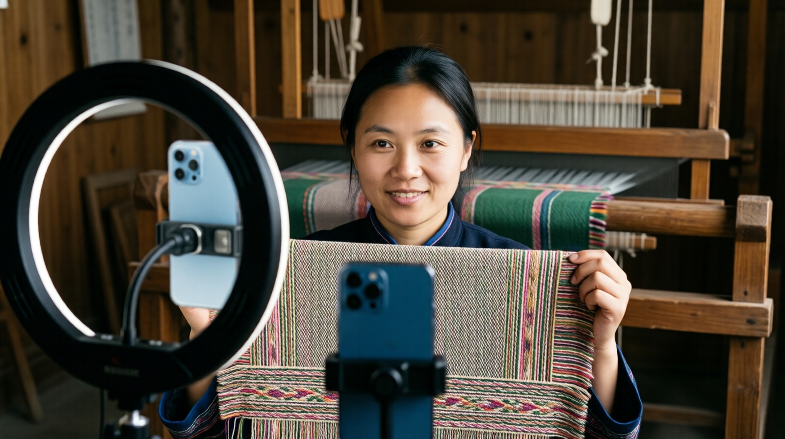 Li Xiulan live-streams from her home studio, showing a handwoven textile to the camera while an old loom stands behind her.