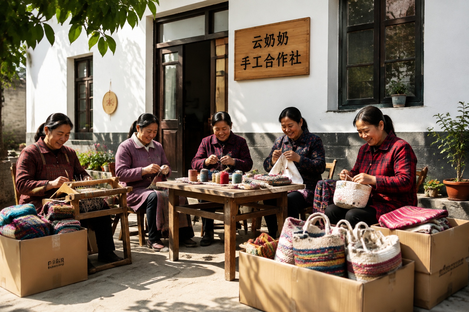 Village women in Li Xiulan's handcraft cooperative weave and sew in a sunny courtyard, with finished products in boxes and a wooden sign reading 'Grandma Yun Handcraft Cooperative'.