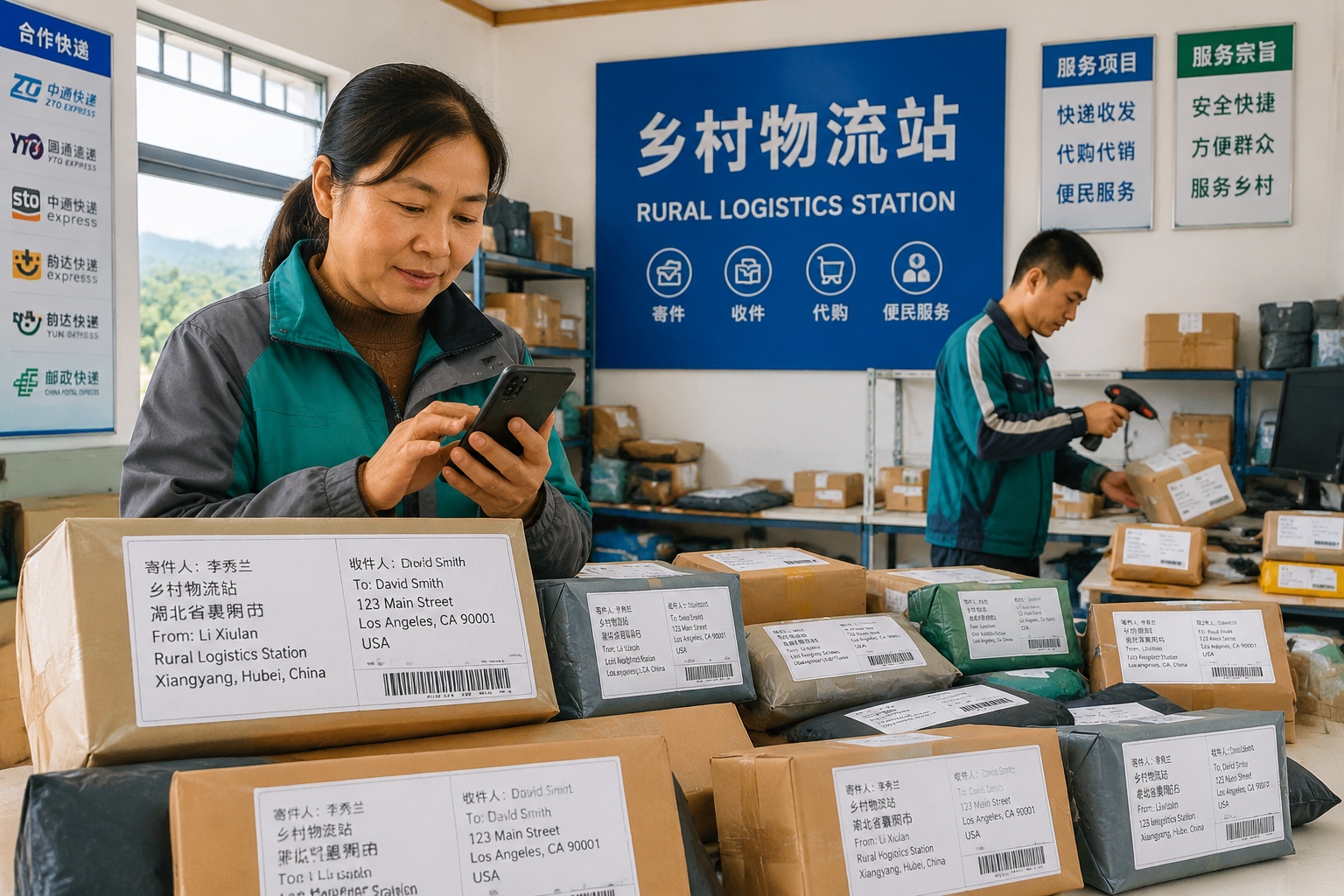 Li Xiulan checks her phone next to a stack of packages ready for international shipment at a local logistics station in rural China.