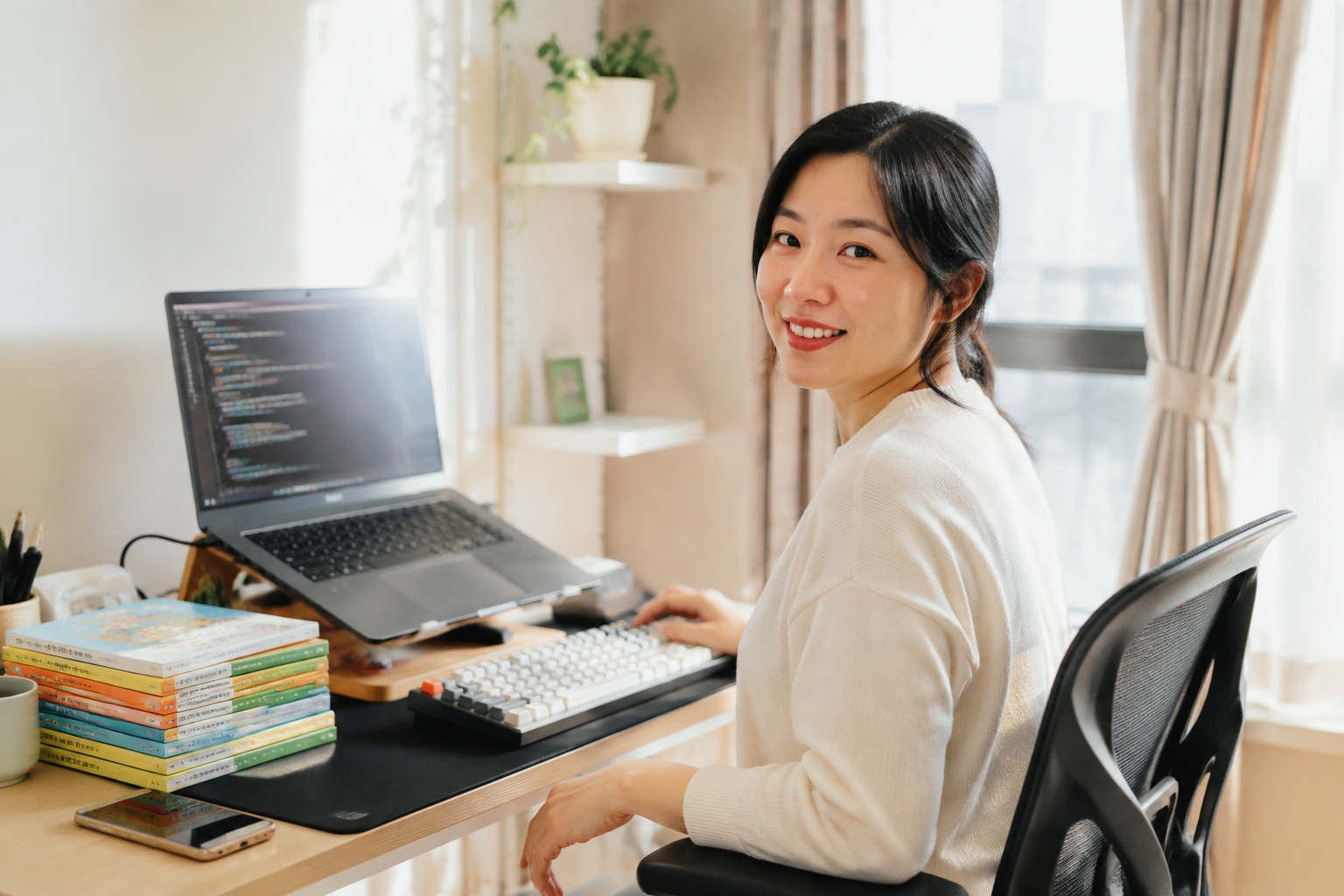 Female software engineer in China working on code at her home desk early in the morning before her child wakes up