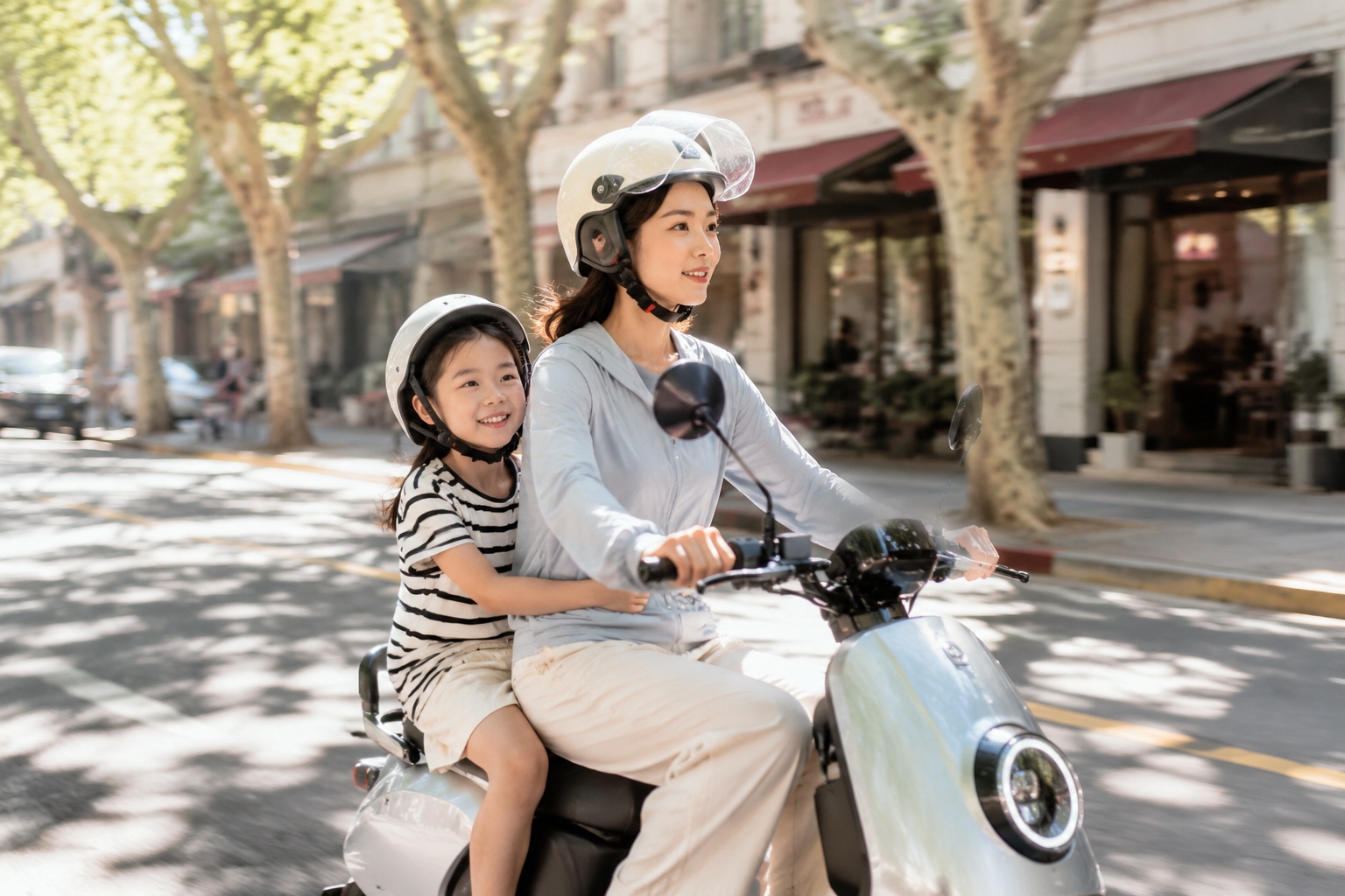Chinese female programmer riding an electric bike with her daughter to kindergarten during morning commute