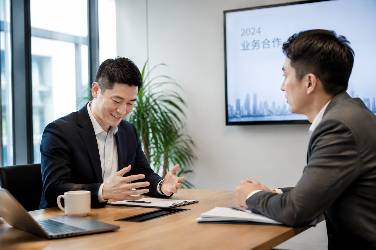 Chinese business meeting showing indirect communication and face-giving gestures: a manager smiles humbly while declining a request indirectly.