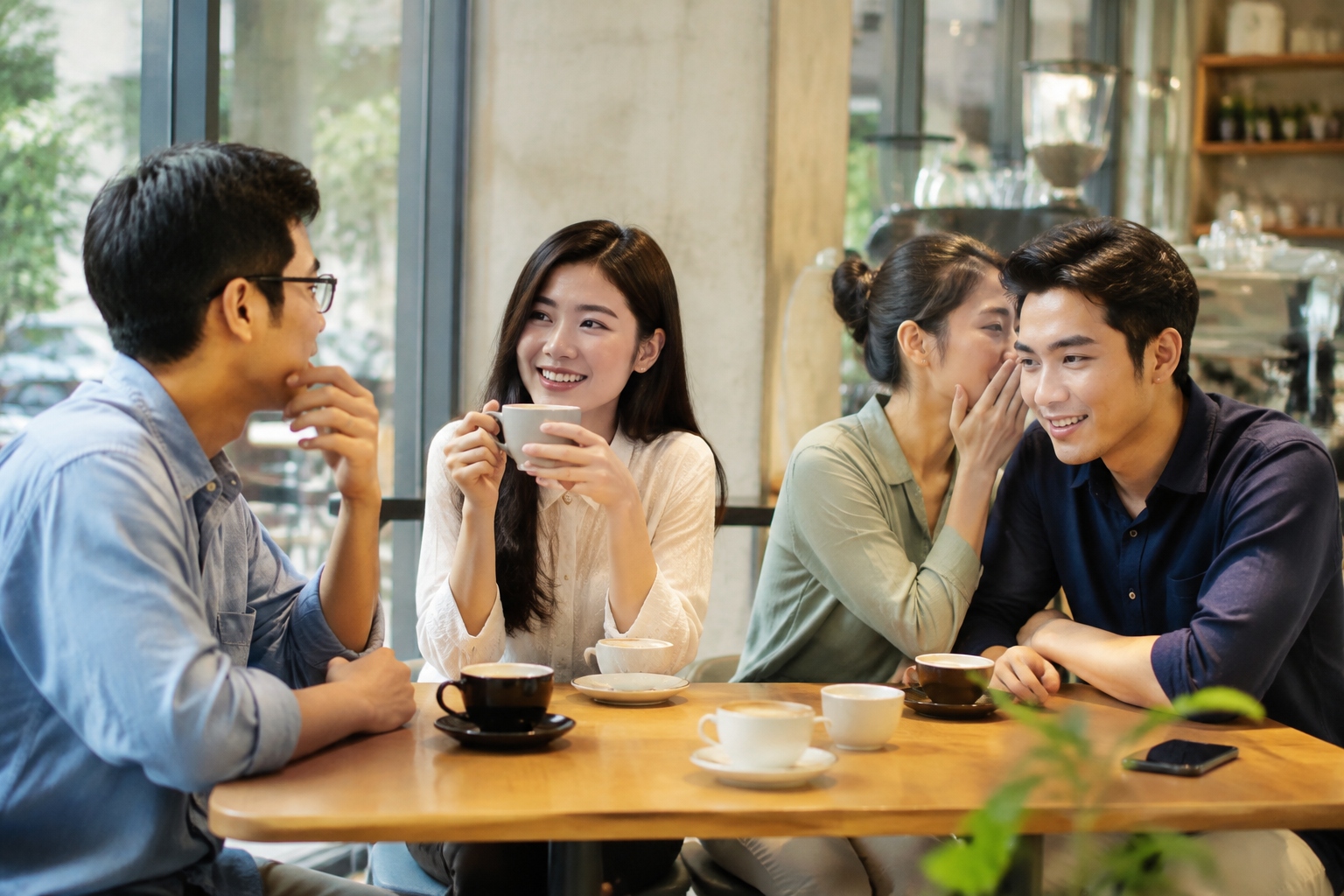 Young Chinese professionals socializing in a cafe, practicing face-giving techniques like private conversations and polite smiles.