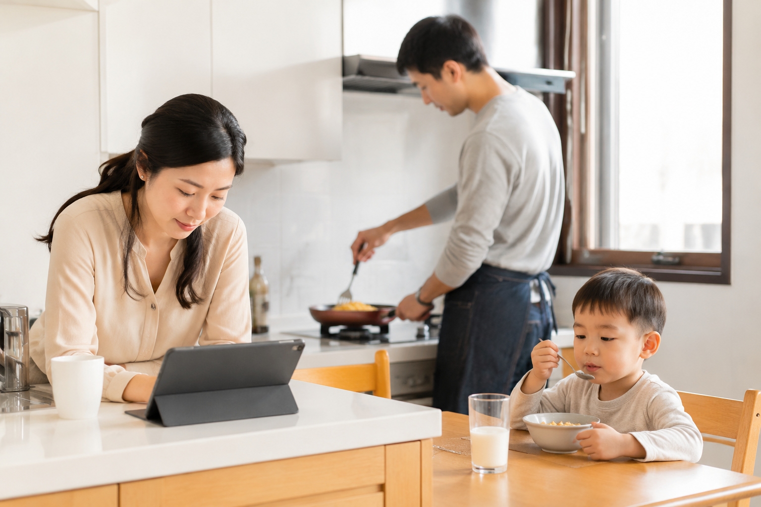 Chinese dual-scientist parents preparing breakfast with their toddler in a Beijing apartment
