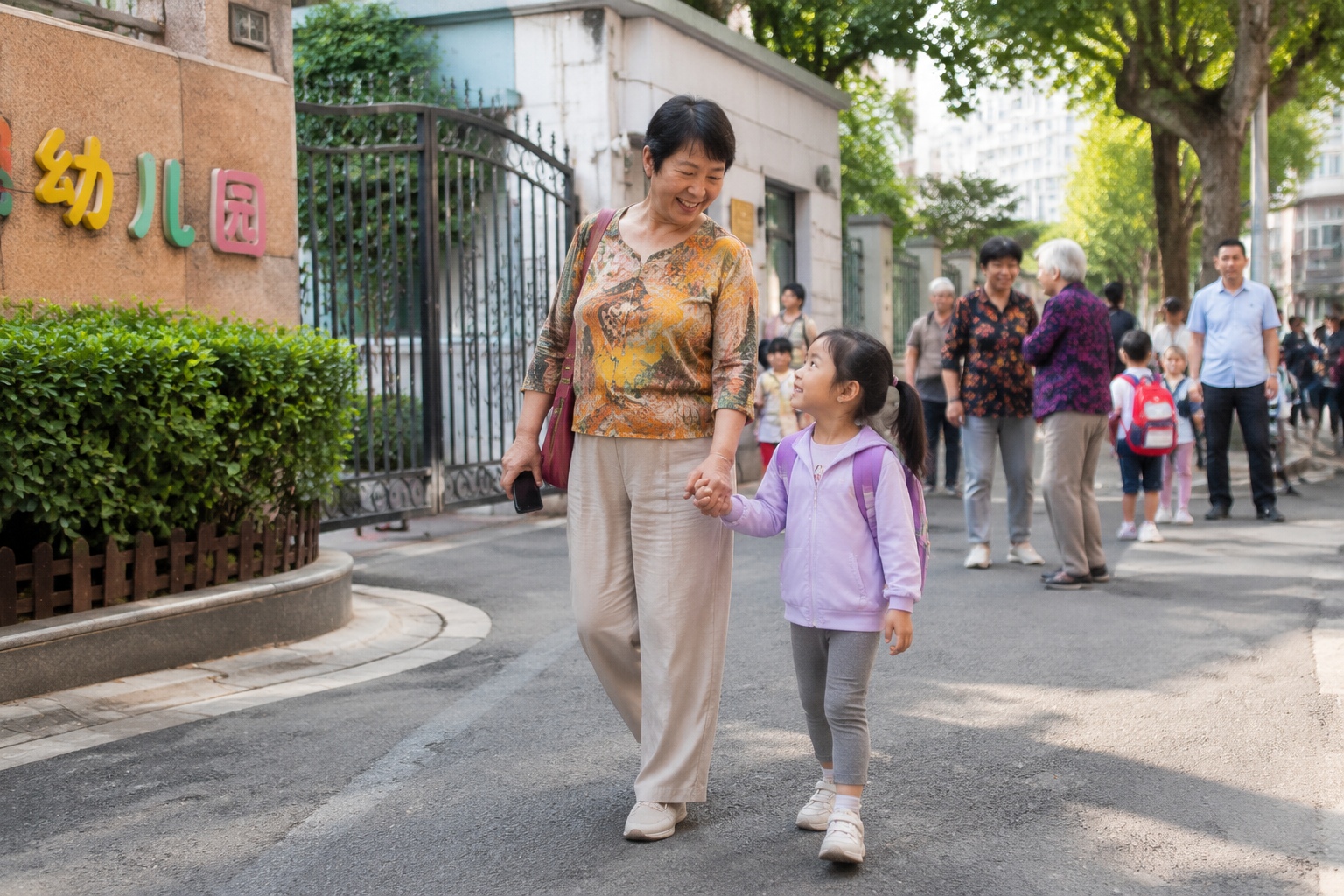Grandparents picking up children outside a kindergarten in Shanghai